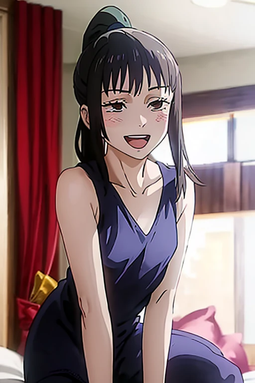 ((Best Quality)), ((masterpiece)), (be familiar with), Perfect Face, indoor, bedroom, Watching the audience,
One woman, Zenin Maki,
Open Mouth, Ecstatic expression, blush, smile,
Small breasts, Flat Chest, , , child, Girl,
Long Hair, ponytail,
Leg spread,