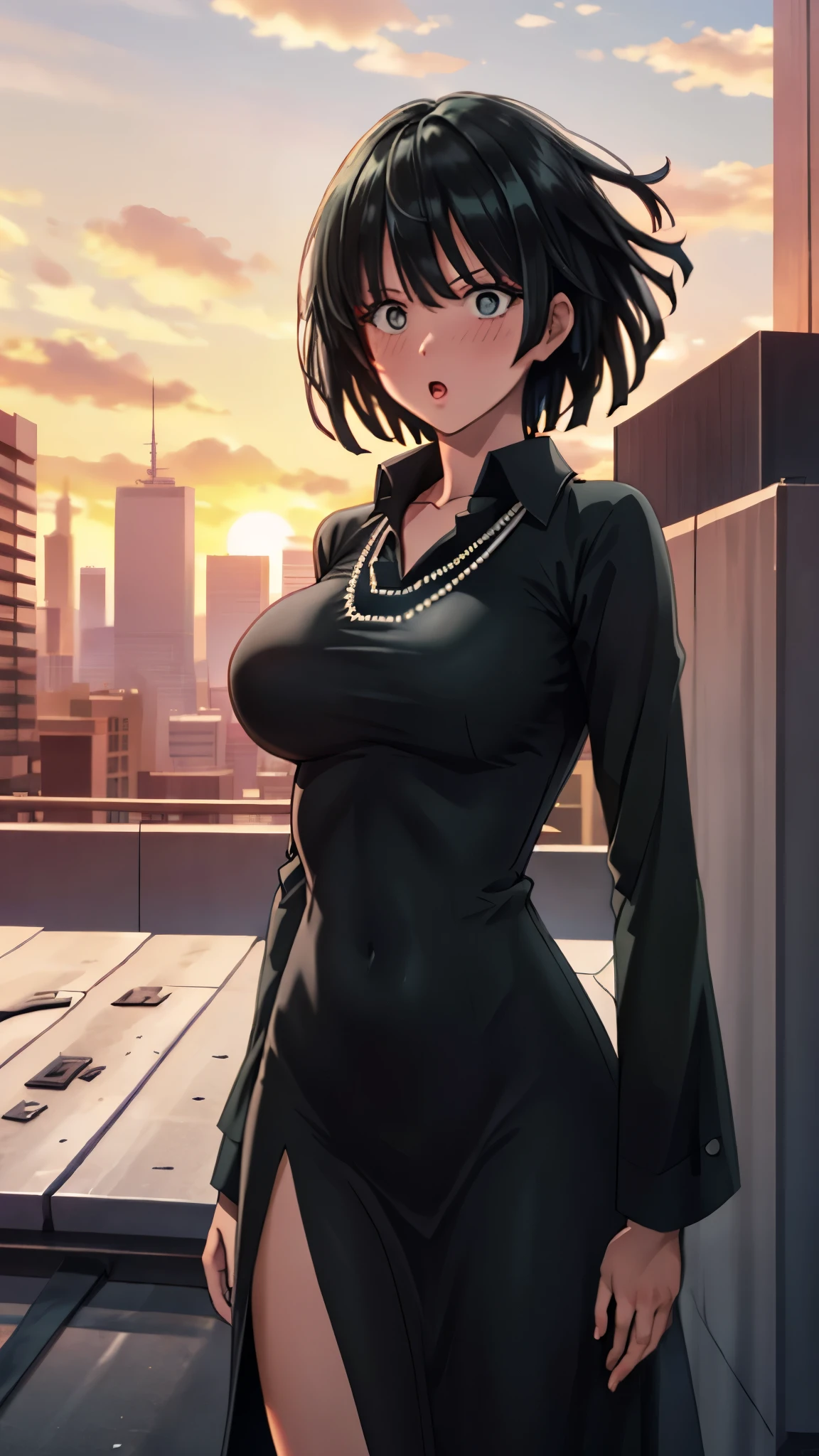 （（super high quality,））（（Ultra-high resolution,））（16k,）（super masterpiece,）（（Ultra HD ,））（Detailed shading,）Shooting from directly in front,Photo of your face,Rooftop with a sunset view,One sexy woman,Short black hair,Hair lifted by the wind,Very large breasts,A long black dress with a tight collar,Long sleeve,slit,Surprised,blush,necklace,