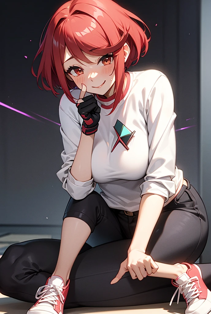 Pyra Homura, reddish hair in ponytail, white shirt with dark long sleeves, jeans, sneakers, fingerless gloves, room stage, woman to reactive and cute, provocative and affectionate demeanor, friendly and daring smile at the same time, noticeably in love, slight blush, provocative pose 