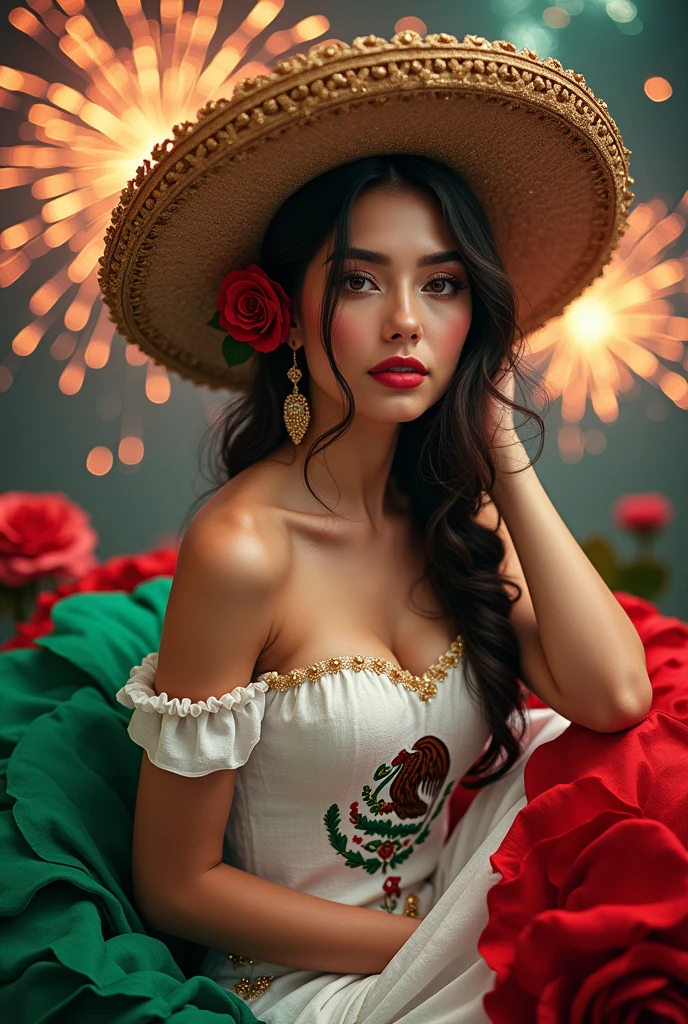 Hyper realistic detailed a Venezuela very very beautiful woman, smile very attractive, appears, breaks through the ace card wearing a kebaya, and sarong, matching shoes, holding flowers. The background is a gradient of black and golden with rainbow colored Smoke vivid colors art hyper realistic, unbelivable, super sharp, super portrait face, masterpiece, UHD, 18K