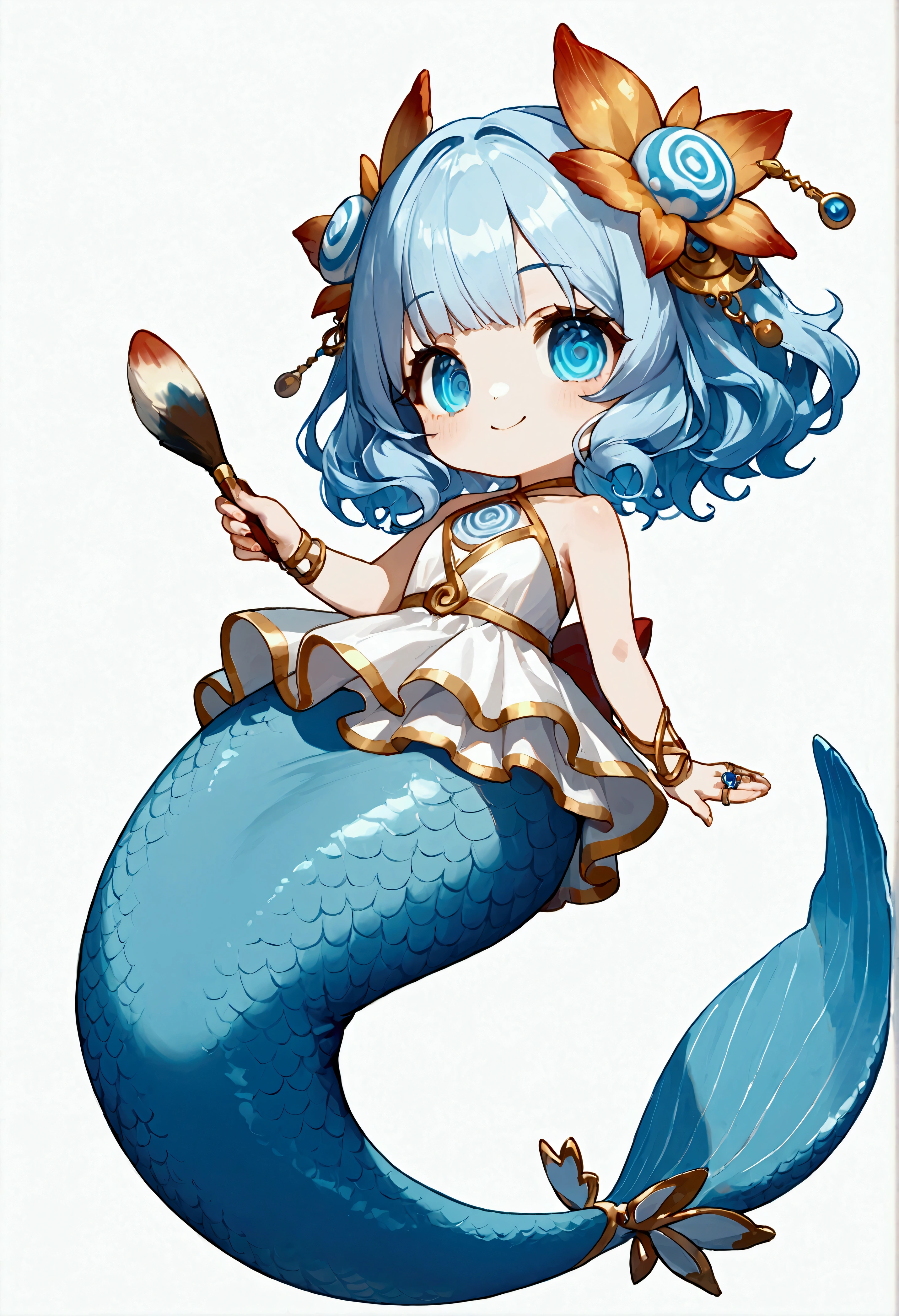 score_9, score_8_up, score_7_up, score_6_up, score_5_up, score_4_up, source_anime,source_furry,rating_safe,rating_questionable,masterpiece, best quality, perfect anatomy , very aesthetic , absurdres,,solo,1girl\(cute, mermaid, long blue hair, beautiful shiny scales, big eyes, chibi, big smile, white elegant swimwear, (1ring\((at side of the head), blue and white spiral\):1.3), (holding a paintbrush\((huge:1.5), as big as girl\):1.3),full body\),ocean, ((white background))