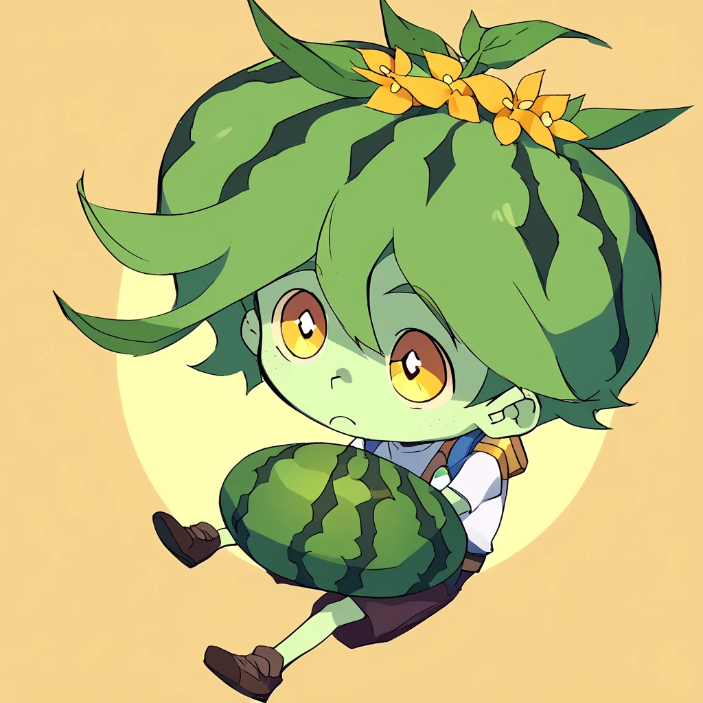 score_9, score_8_up, score_7_up, score_6_up, rating explicit, focus male, source anime, 'Wally the Watermelon Guardian.' Wally has a vibrant green skin that resembles the exterior of a watermelon, with darker green stripes running down his arms and legs. His head is round and topped with a small, leafy crown, mimicking the leaves of a watermelon plant. Wally's eyes are bright red with black seed-like pupils, giving him a friendly yet playful look.