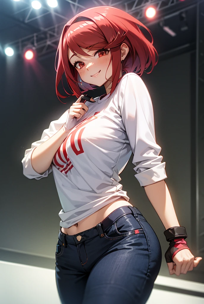 Pyra Homura, reddish hair in ponytail, white shirt with dark long sleeves, jeans, sneakers, fingerless gloves, room stage, woman to reactive and cute, provocative and affectionate demeanor, friendly and daring smile at the same time, noticeably in love, slight blush, provocative pose 