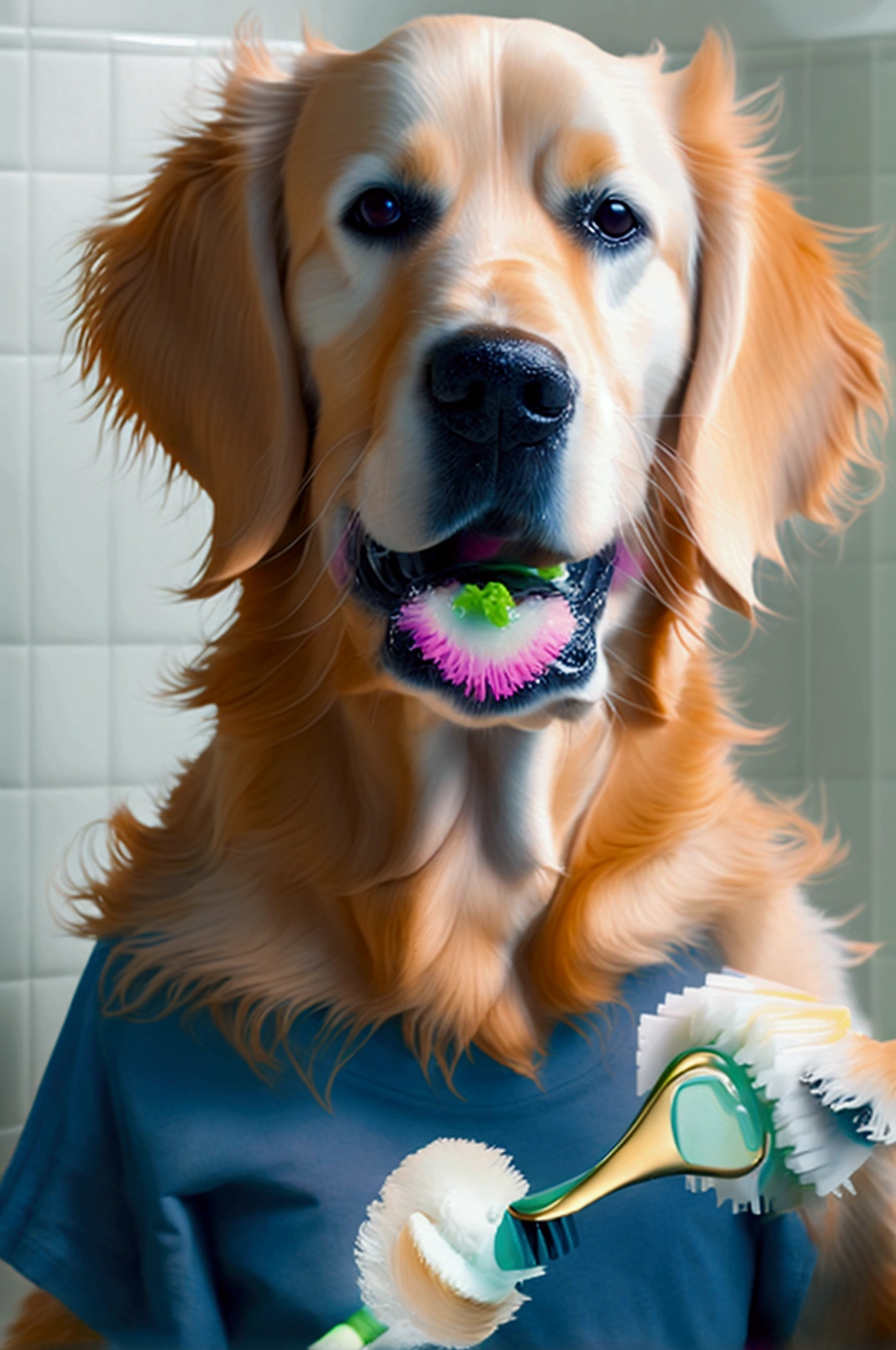 ((((Golden Retriever Dog)),((Brushing your teeth in the bathroom))),(((Wearing a T-shirt))),Anthropomorphic Golden Retriever Dog Portrait,((Smiling while brushing his teeth)),(((The T-shirt features a Golden Retriever Dog&#39;s face.)),