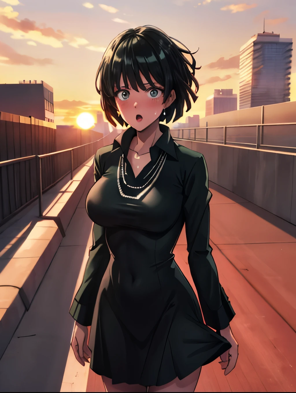 ((best quality, 8K, masterpiece :1.3)), whole body, Clear focus :1.2, Beautiful woman with perfect body :1.4, Slim abdominal muscles :1.2, ((Dark brown hair, Large Breasts :1.2)), Vest Dress :1.1, (City night scene, Modern balcony :1.1), Highly detailed face and skin textures, Delicate eyes, Double eyelids