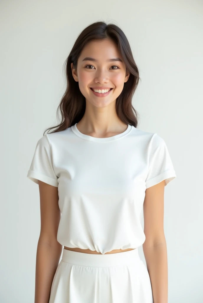 A high-resolution, smiling, front-facing image of an East European woman, wearing a plain white t-shirt and skirt. The woman is smiling, standing straight with a relaxed posture and a neutral expression. The scene is set against a [minimalist, white-walled studio] background with [soft, diffused light]. The t-shirt is smooth, with minimal folds, ideal for overlaying designs. The image captures the entire body from head to toe, with realistic lighting and detailed textures., photorealistic, first-person view, UHD, masterpiece, anatomically correct