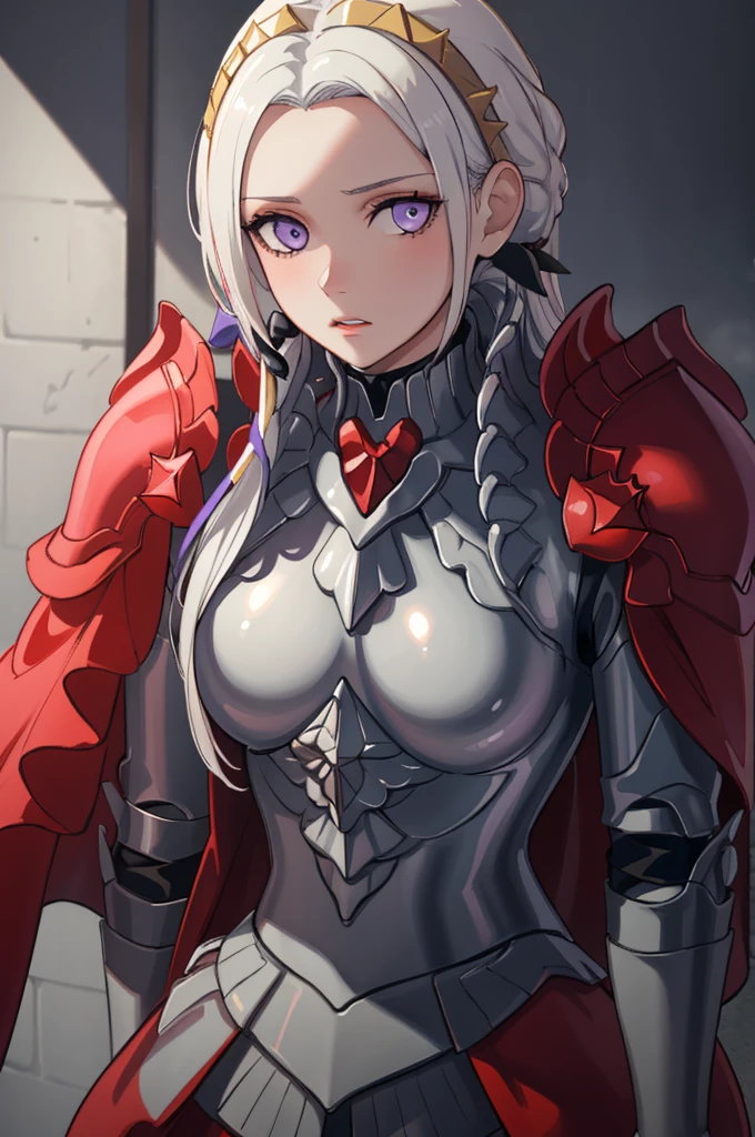 (masterpiece:1.2), best quality, high resolution, unity 8k wallpaper, (illustration), extremely detailed face, perfect lighting, extremely detailed CG, 1girl, solo, purple eyes, white hair, long hair, hair ornament, ribbon, red cape, armor, standing, upper body, looking at viewer, expressionless, simple background, frontal view