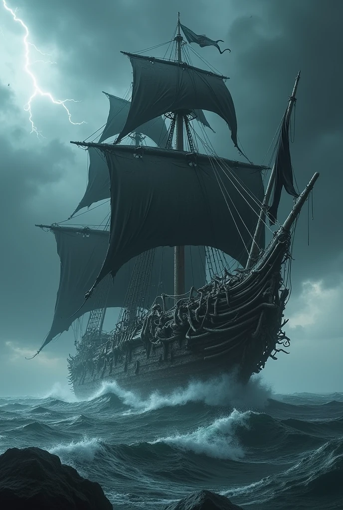 (photorealism:1,2) a pirate ship, made of bones and gigantic skeletal ...