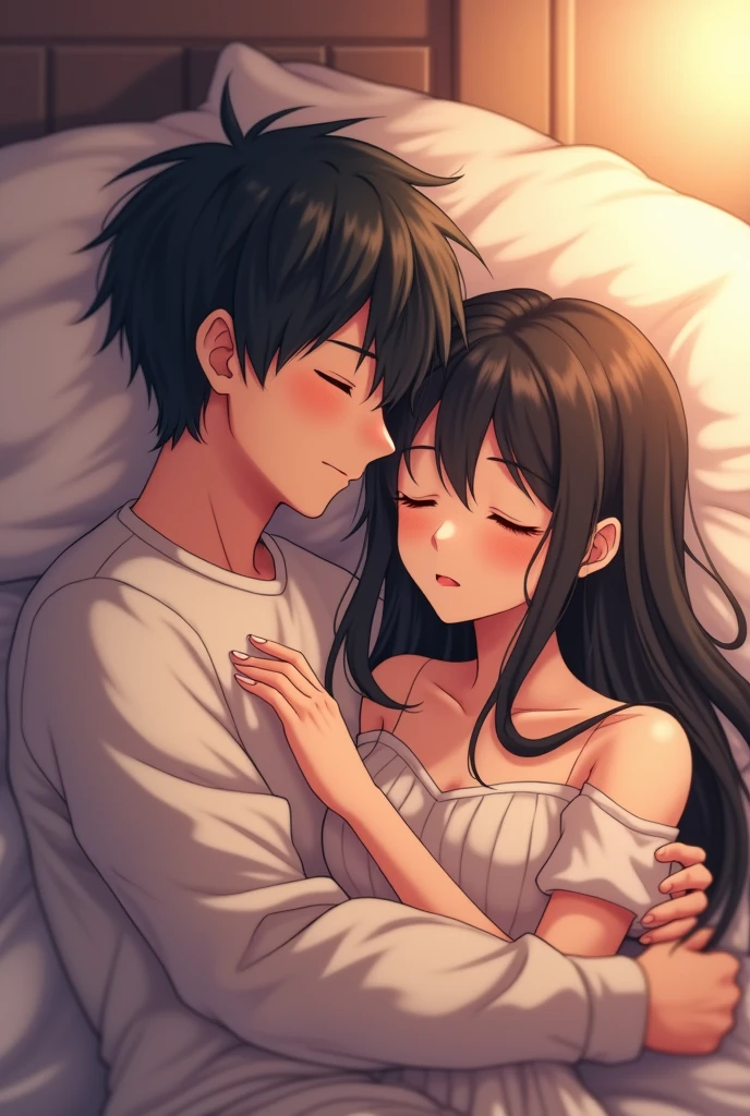 create for me a couple of man and woman sleeping hugging each other in a bed