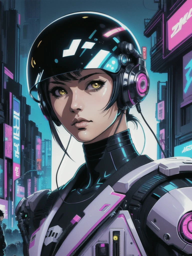 cyberpunk cyborg, female, chrome body, neon lights, solid yellow backround, helmet, (artwork by Masamune Shirow:1.2), (manga style:1.2), (detailed:1.2), (sharp:1.2), (realistic:1.2), (cool:1.2)