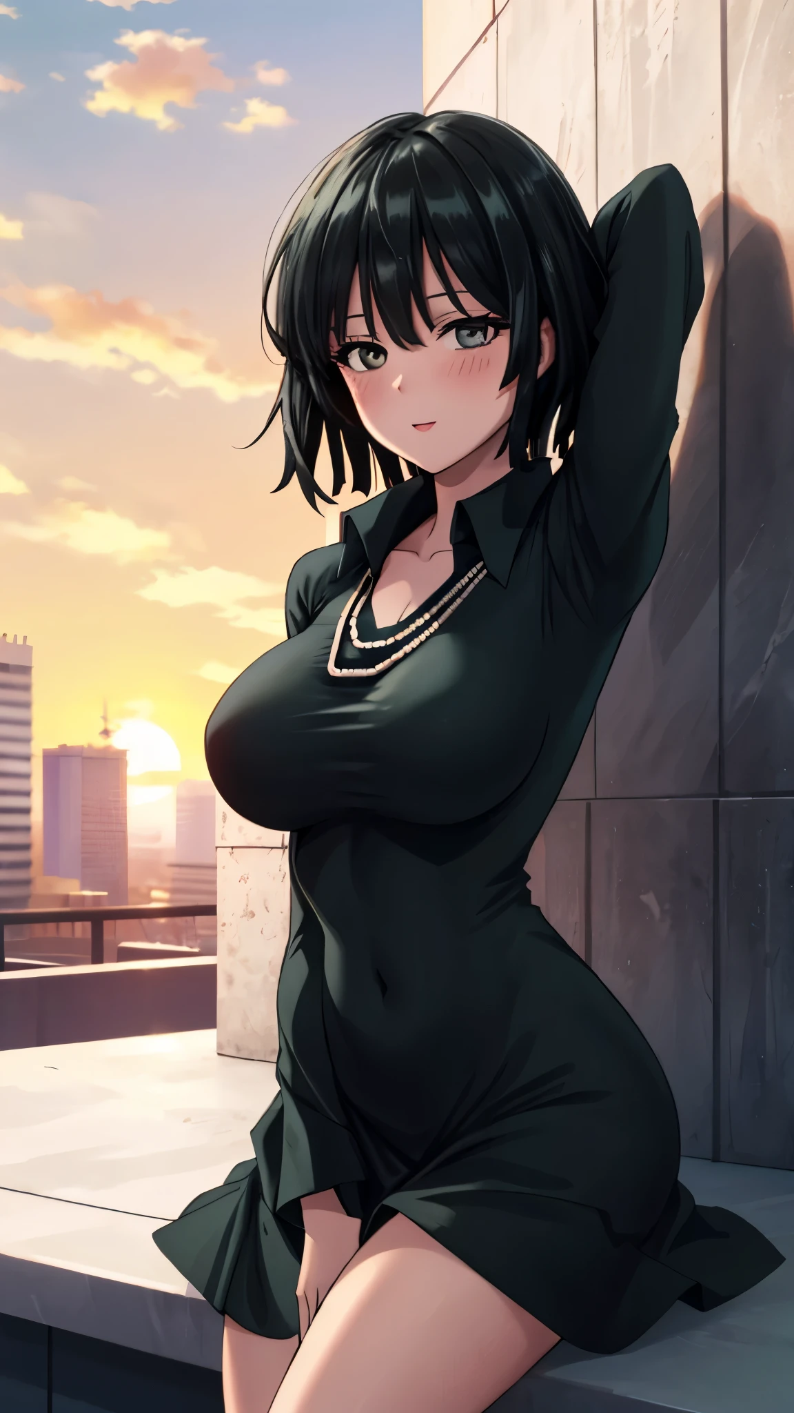 （（super high quality,））（（Ultra-high resolution,））（16k,）（super masterpiece,）（（Ultra HD ,））（Detailed shading,）Looking directly at the camera,Photo of your face,Rooftop with a sunset view,One sexy woman,Short black hair,Hair lifted by the wind,Very large breasts,A long black dress with a tight collar,Long sleeve,be happy,blush,necklace,Extend your arms towards the camera,