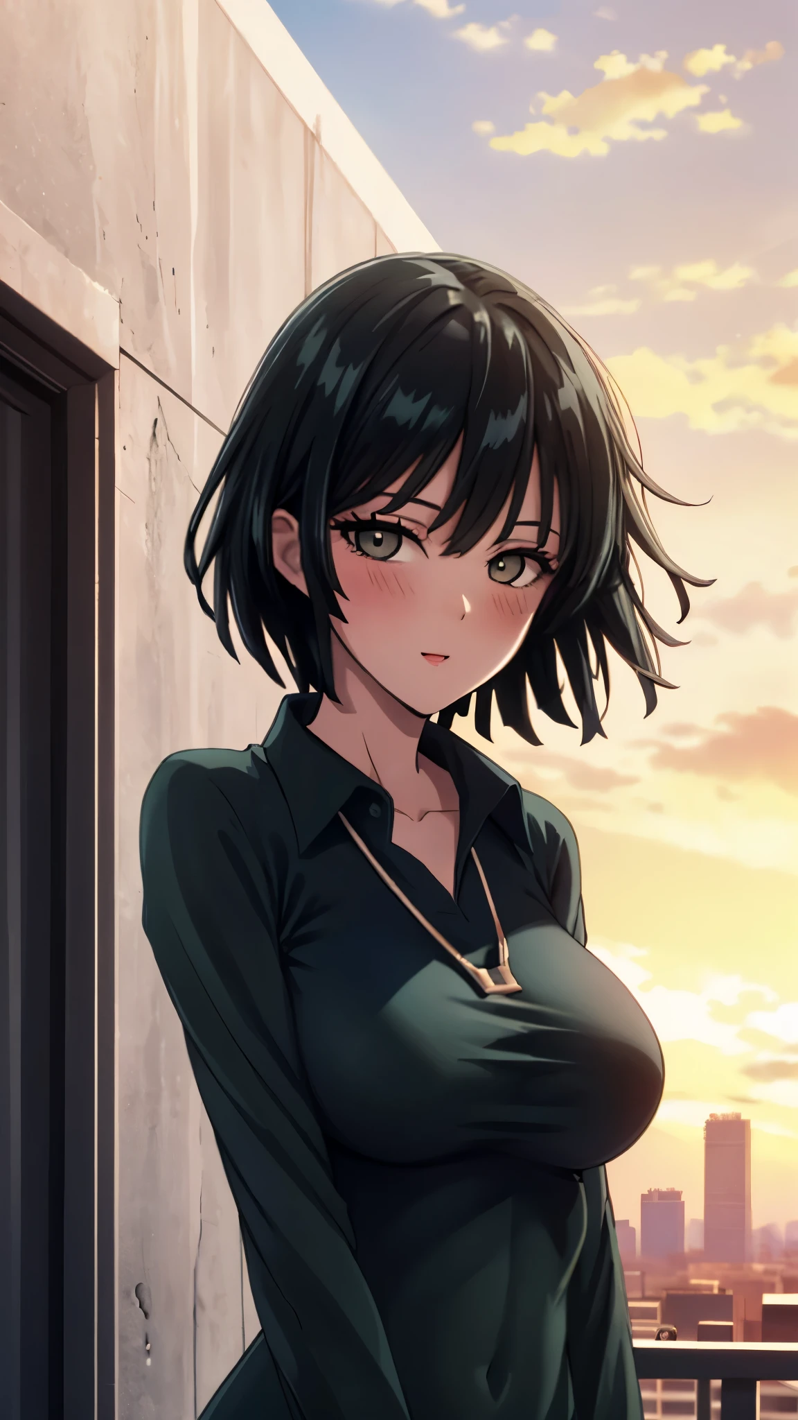 （（super high quality,））（（Ultra-high resolution,））（16k,）（super masterpiece,）（（Ultra HD ,））（Detailed shading,）Looking directly at the camera,Photo of your face,Rooftop with a sunset view,One sexy woman,Short black hair,Hair lifted by the wind,Very large breasts,A long black dress with a tight collar,Long sleeve,be happy,blush,necklace,Extend your arms towards the camera,