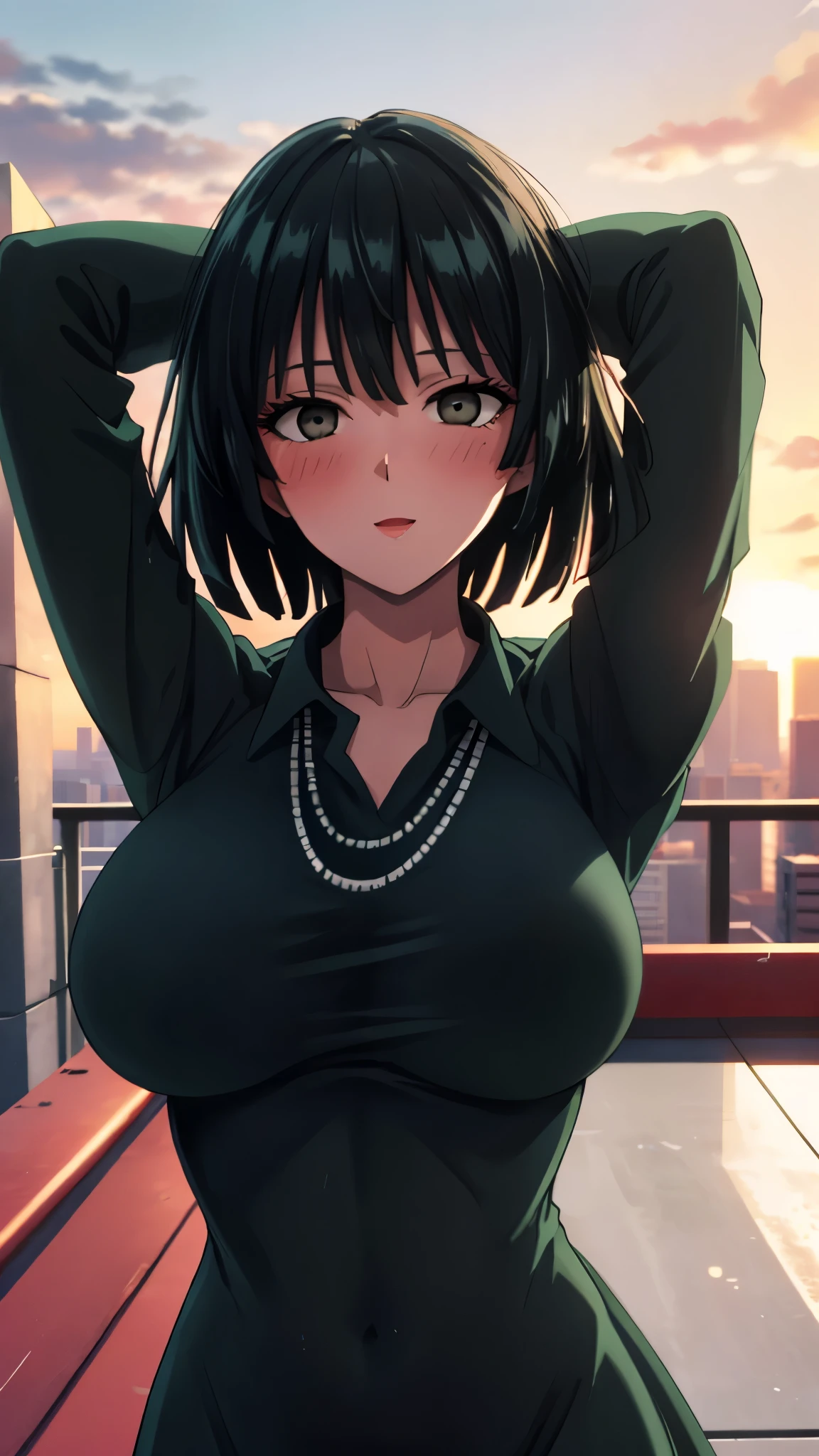 （（super high quality,））（（Ultra-high resolution,））（16k,）（super masterpiece,）（（Ultra HD ,））（Detailed shading,）Looking directly at the camera,Photo of your face,Rooftop with a sunset view,One sexy woman,Short black hair,Hair lifted by the wind,Very large breasts,A long black dress with a tight collar,Long sleeve,be happy,blush,necklace,Extend your arms towards the camera,