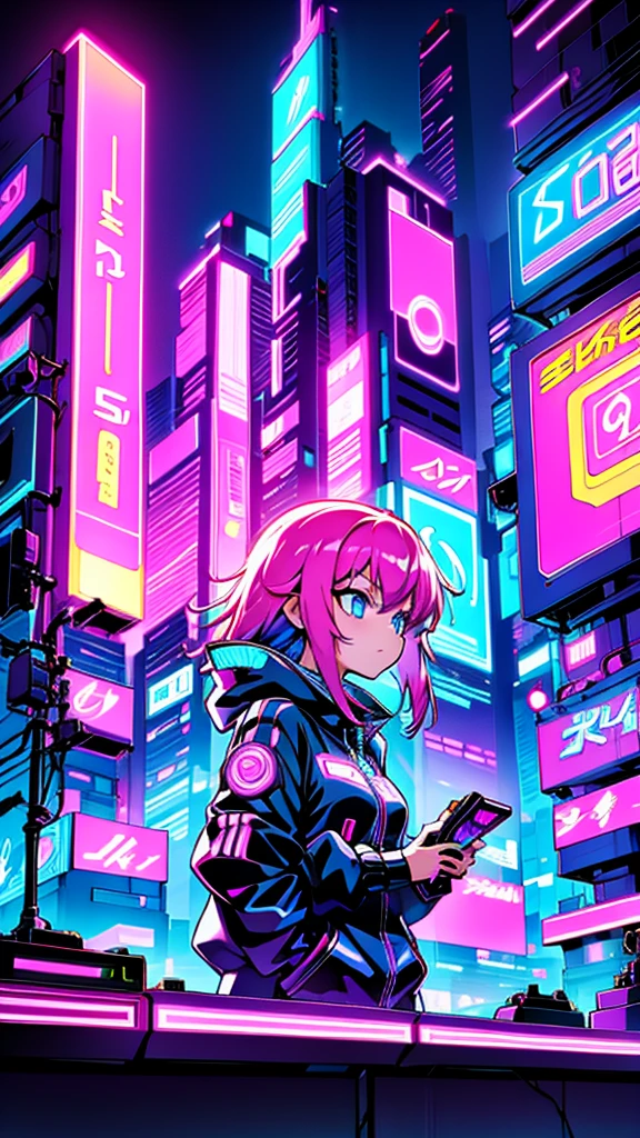 Background with neon signs and cyberpunk cityscape、A scene of an EDM DJ playing music。Pink haired beautiful girl。Face photography