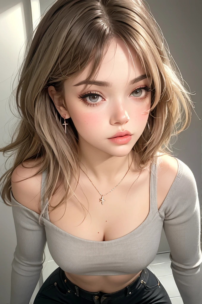 ( detailed realistic background:1),
( official art, beautiful and aesthetic:1 ),
realistic lighting,
cinematic lighting,
hyperrealism,
soothing tones,
muted colors,
high contrast,
soft light,
sharp,
artistic photoshoot,
( cute, petite),
slender,
european,
pale cheeks,
square face shape with angular jaw,
natural "no-makeup" makeup,
big breasts,
,
wearing Turtleneck sweater, wide-leg pants, Madam, Short, Fit, Diamond-Shaped Face, Fair Skin, Gray Hair, hazel Eyes, Narrow Nose, Full Lips, Sharp Chin, Shoulder-Length Hair, Thick Hair, Middle Part Bangs, large breasts, Faux gauge earrings, lavender metallic lipstick, walk-in closet, direct, tungsten , Full Body  , ,
Bare shoulders, Bare neck, platinum blonde hair, grey eyes, full lips, ,
Cybernetic Scrapyard , Rosanna Serra