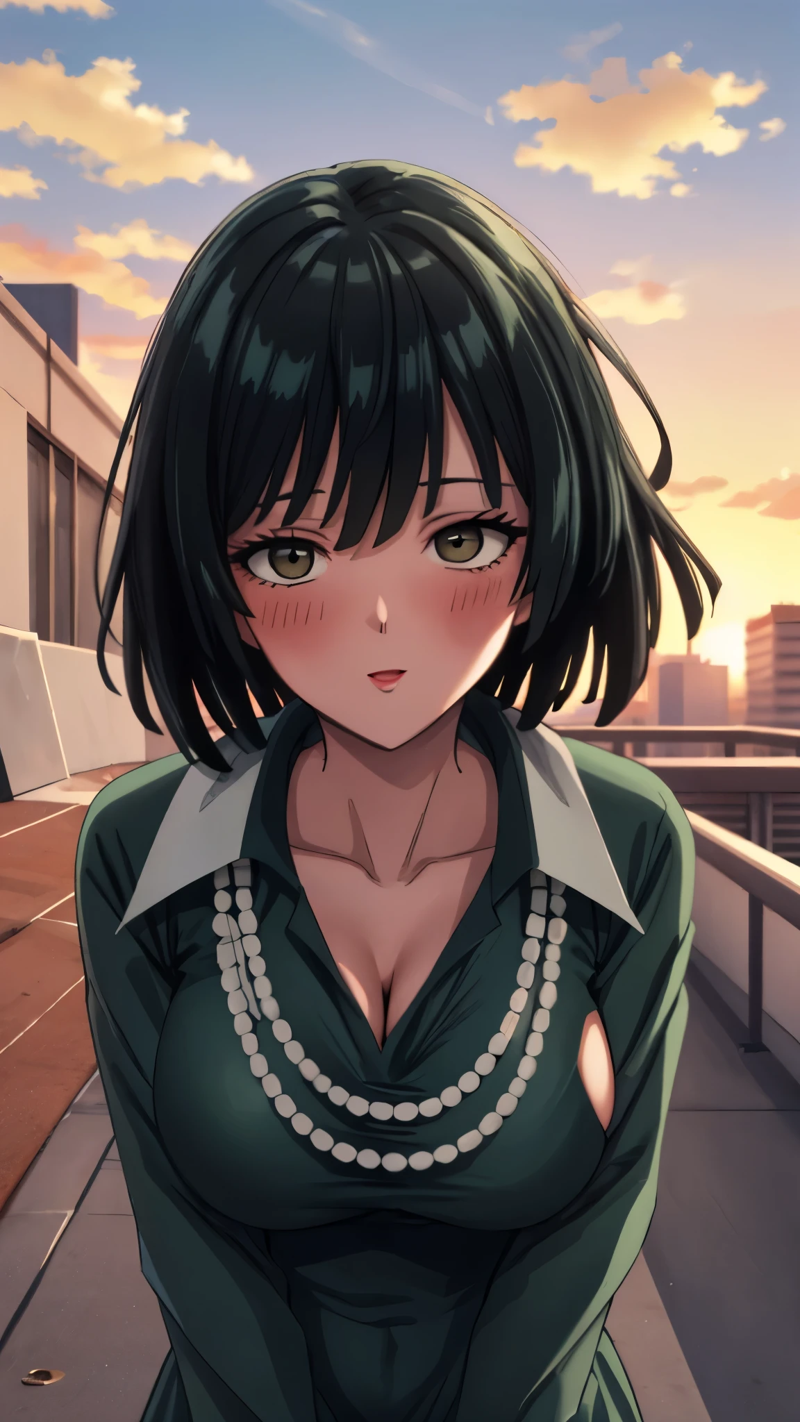 （（super high quality,））（（Ultra-high resolution,））（16k,）（super masterpiece,）（（Ultra HD ,））（Detailed shading,）Looking directly at the camera,Photo of your face,Rooftop with a sunset view,One sexy woman,Short black hair,Hair lifted by the wind,Very large breasts,A long black dress with a tight collar,Long sleeve,be happy,blush,necklace,Extend your arms towards the camera,