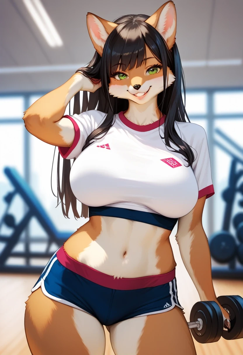 score_9, score_8_up, score_7_up, score_6_up, score_5_up, score_4_up, source_anime, best quality, masterpiece, 1 female, (anthropomorphic cat, furry, kemono), breasts, solo, navel, shirt, looking at viewer, smile, large breasts, long hair, blurry background, blurry, midriff, indoors, black hair, brown eyes, short sleeves, realistic, thighs, grin, teeth, gym, standing, crop top, lips, cowboy shot, buruma, mole, panties, sportswear, A close-up shot of a woman in a maroon sports top and shorts. The woman is striking a pose, with her right arm resting on her hip. Her left arm is slightly bent, and her left hand is resting on the top of her head. Her hair is dark brown, and she is smiling. The background is blurry, and the woman is standing in a gym.