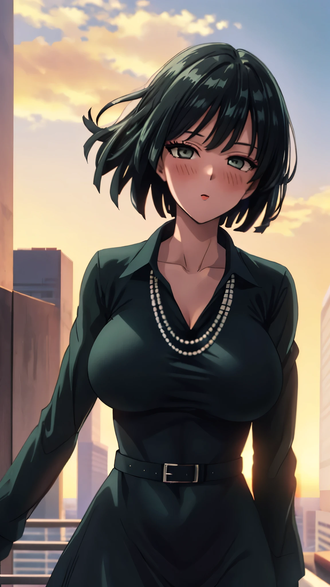 （（super high quality,））（（Ultra-high resolution,））（16k,）（super masterpiece,）（（Ultra HD ,））（Detailed shading,）Looking directly at the camera,Photo of your face,Rooftop with a sunset view,One sexy woman,Short black hair,Hair lifted by the wind,Very large breasts,A long black dress with a tight collar,Long sleeve,be happy,blush,necklace,Extend your arms towards the camera,