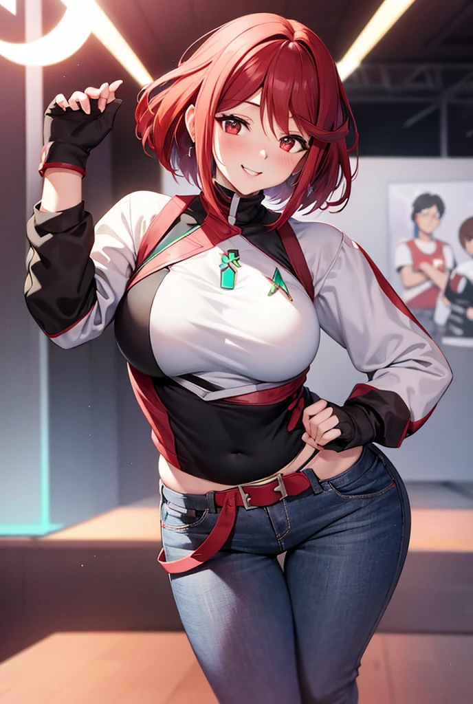 Pyra Homura, reddish hair in ponytail, white shirt with dark long sleeves, jeans, sneakers, fingerless gloves, room stage, woman to reactive and cute, provocative and affectionate demeanor, friendly and daring smile at the same time, noticeably in love, slight blush, provocative pose 