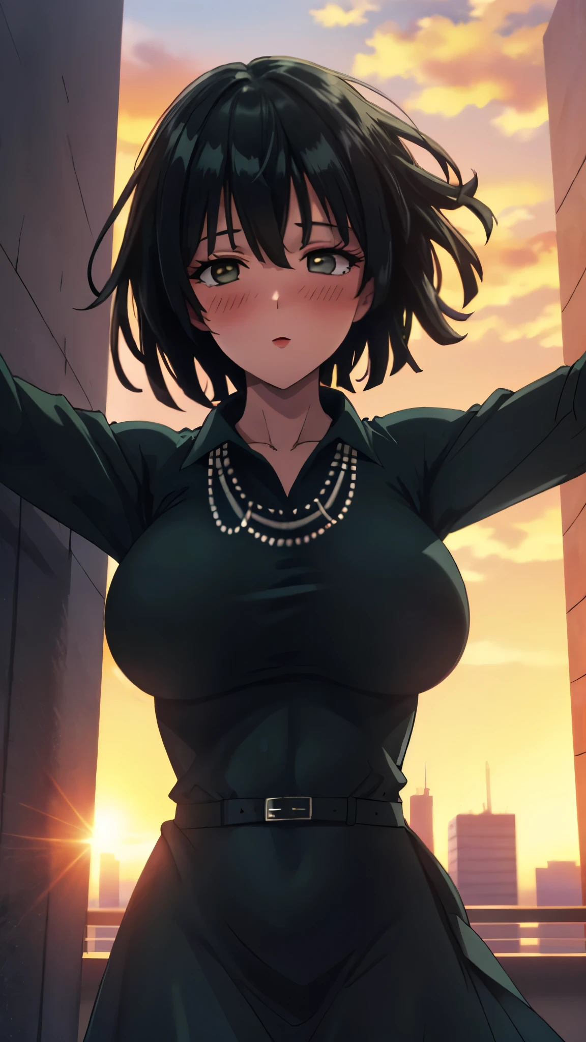 （（super high quality,））（（Ultra-high resolution,））（16k,）（super masterpiece,）（（Ultra HD ,））（Detailed shading,）Looking directly at the camera,Photo of your face,Rooftop with a sunset view,One sexy woman,Short black hair,Hair lifted by the wind,Very large breasts,A long black dress with a tight collar,Long sleeve,be happy,blush,necklace,Extend your arms towards the camera,