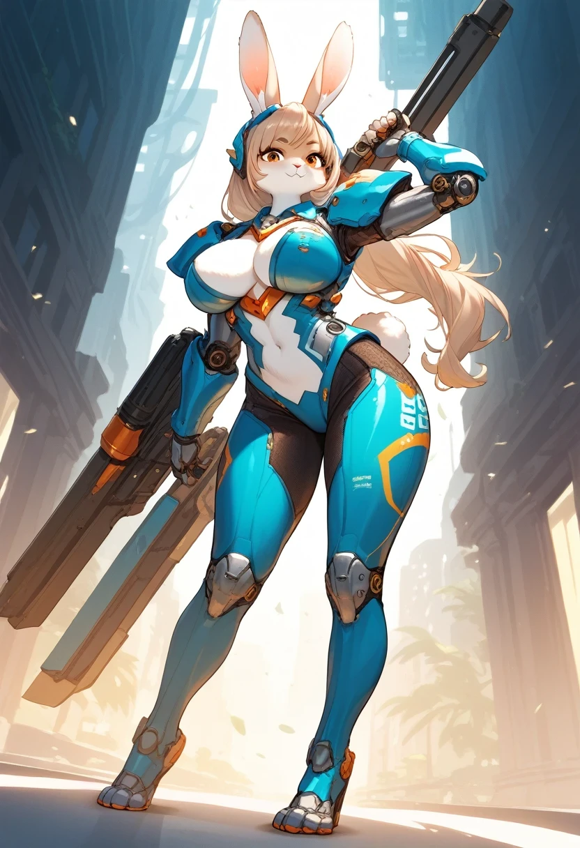 score_9, score_8_up, score_7_up, score_6_up, score_5_up, score_4_up, source_anime, source_furry, best quality, masterpiece, 1 female, (anthropomorphic rabbit, furry, kemono), Heroine character in sophisticated futuristic bodysuit with novel and well-designed cybernetic armor, tall, large breasts, full body shot, dynamic action poses, dynamic angles, dramatic lighting, yellow, red, blue, pink, brown, white, Greens, beautiful gradient work,
