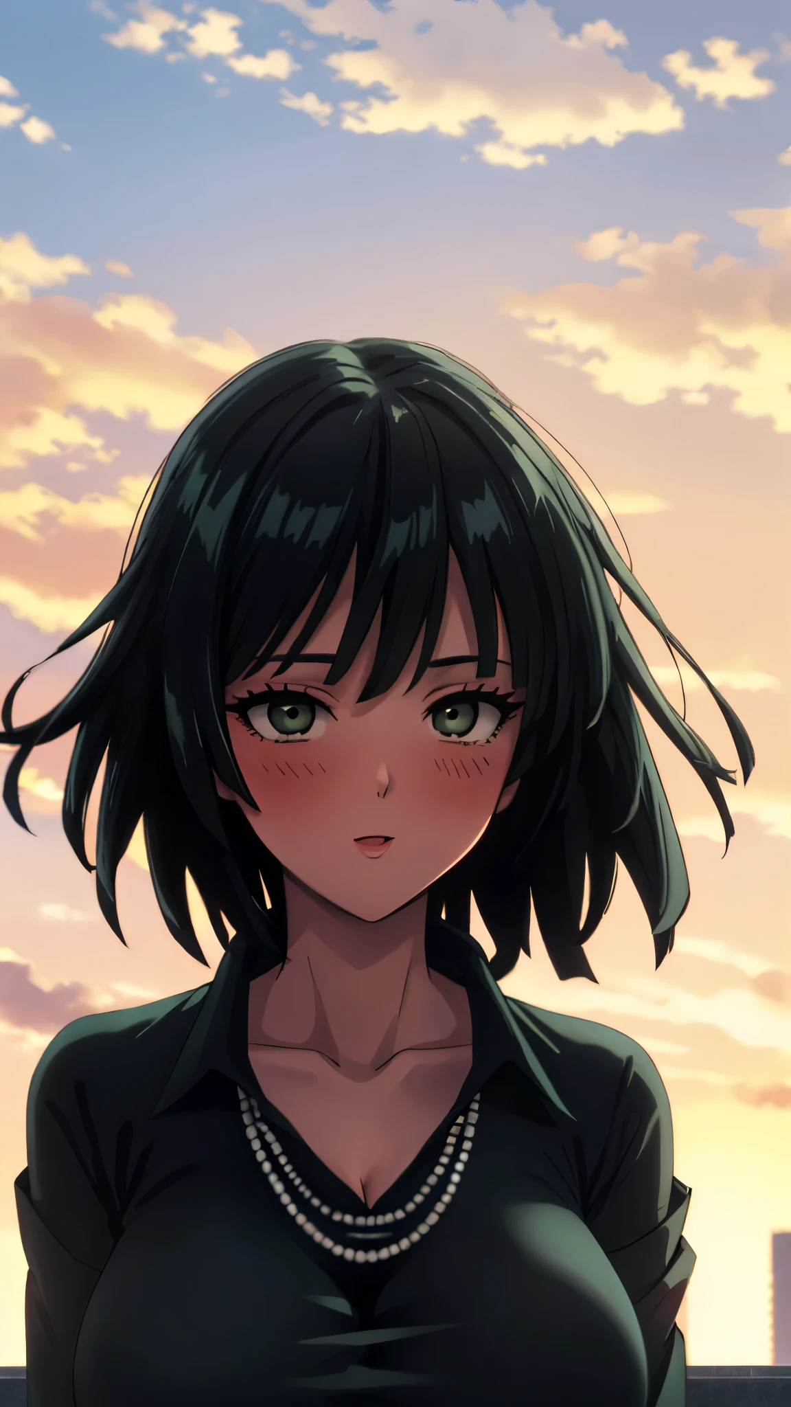 （（super high quality,））（（Ultra-high resolution,））（16k,）（super masterpiece,）（（Ultra HD ,））（Detailed shading,）Looking directly at the camera,Photo of your face,Rooftop with a sunset view,One sexy woman,Short black hair,Hair lifted by the wind,Very large breasts,A long black dress with a tight collar,Long sleeve,be happy,blush,necklace,Extend your arms towards the camera,