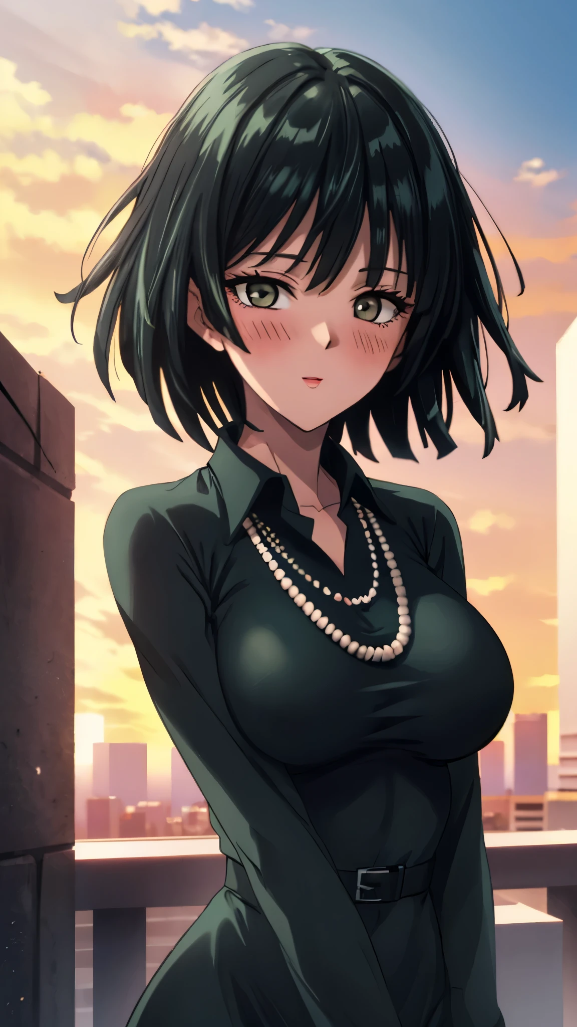 （（super high quality,））（（Ultra-high resolution,））（16k,）（super masterpiece,）（（Ultra HD ,））（Detailed shading,）Looking directly at the camera,Photo of your face,Rooftop with a sunset view,One sexy woman,Short black hair,Hair lifted by the wind,Very large breasts,A long black dress with a tight collar,Long sleeve,be happy,blush,necklace,Extend your arms towards the camera,