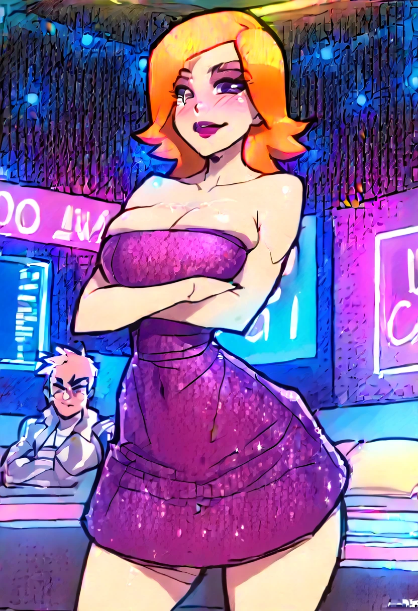 score_9, score_8_up, score_7_up, BREAK, 1girl, solo,  debsturnbull, orange hair ,makeup, lipstick,  (((((purple dress)) , (((strapless dress))), glitter dress))), big wide hips, big butt, thick thighs ,thin waist , ((medium breast)), ((cleavage)), nightclub, cleavage, neon lights,melkormancin-dh , sexy eyes , upper body only, waiting , blushing, lipstick, sexy eyes , sexy smile, looking at you,crossed arms,