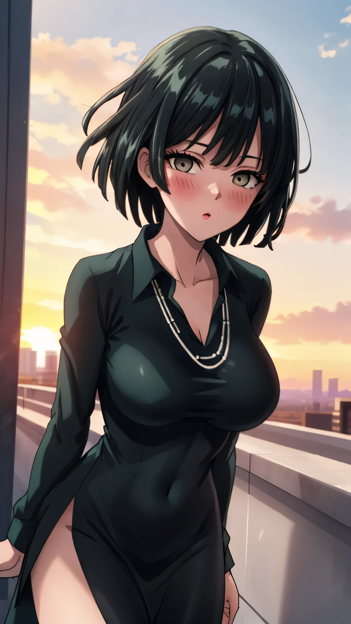 （（super high quality,））（（Ultra-high resolution,））（16k,）（super masterpiece,）（（Ultra HD ,））（Detailed shading,）Looking directly at the camera,Photo of your face,Rooftop with a sunset view,One sexy woman,Short black hair,Hair lifted by the wind,Very large breasts,A long black dress with a tight collar,Long sleeve,blush,necklace,Extend your arms towards the camera,