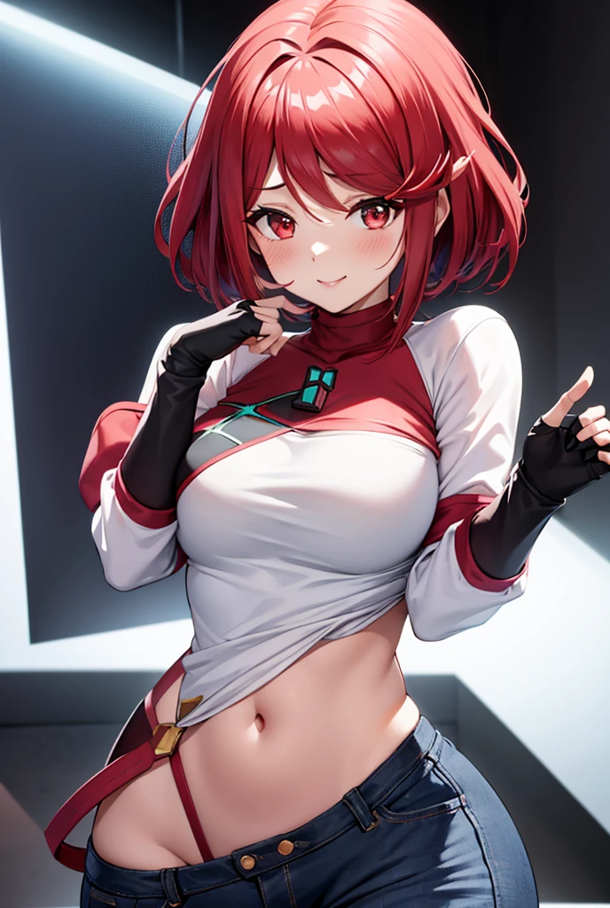 Pyra Homura, reddish hair in ponytail, white shirt with dark long sleeves, jeans, sneakers, fingerless gloves, room stage, woman to reactive and cute, provocative and affectionate demeanor, friendly and daring smile at the same time, noticeably in love, slight blush, provocative pose 