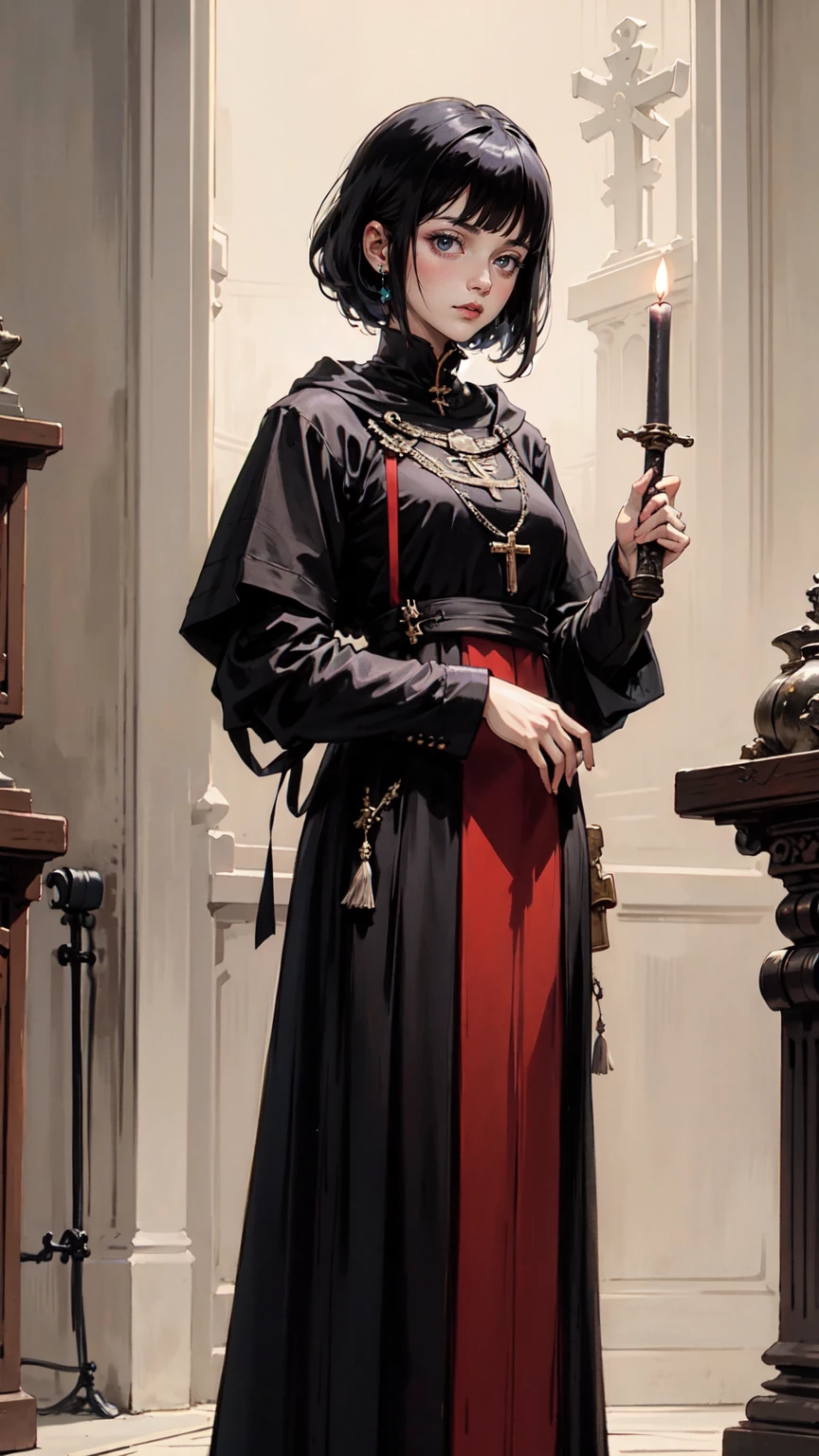 (Anime naturalistic drawing , Art in every detail , work of artists from Artstation in high definition . Detailed work with the best staging in the frame) Dark priest in a fantastic long cassock, with long black hair . clothes with bolim folded hood, in dark colors. The character stands in a poorly consecrated temple with many symbols and statues surrounded by candles. self-portrait