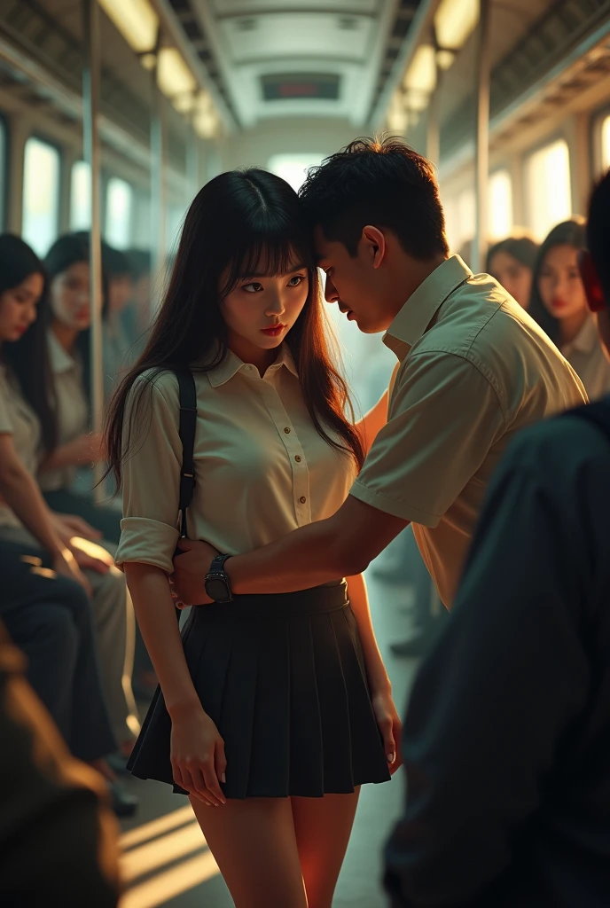 NSFW Viewer discretion advised, Crowded train, Japan , Handsome man hugging his girlfriend from behind, speak in her ear, Lift her up, Miniskirt transparente twisted up, 40k, photograph, masterpiece, Highest quality, Dark Gray Background, 　((Japan girls' high school uniform)), An elderly man is leaning on her from behind、i held you up, Mr..々Strike a Pose.Having your butt touched by hand, nipples wakeup 
