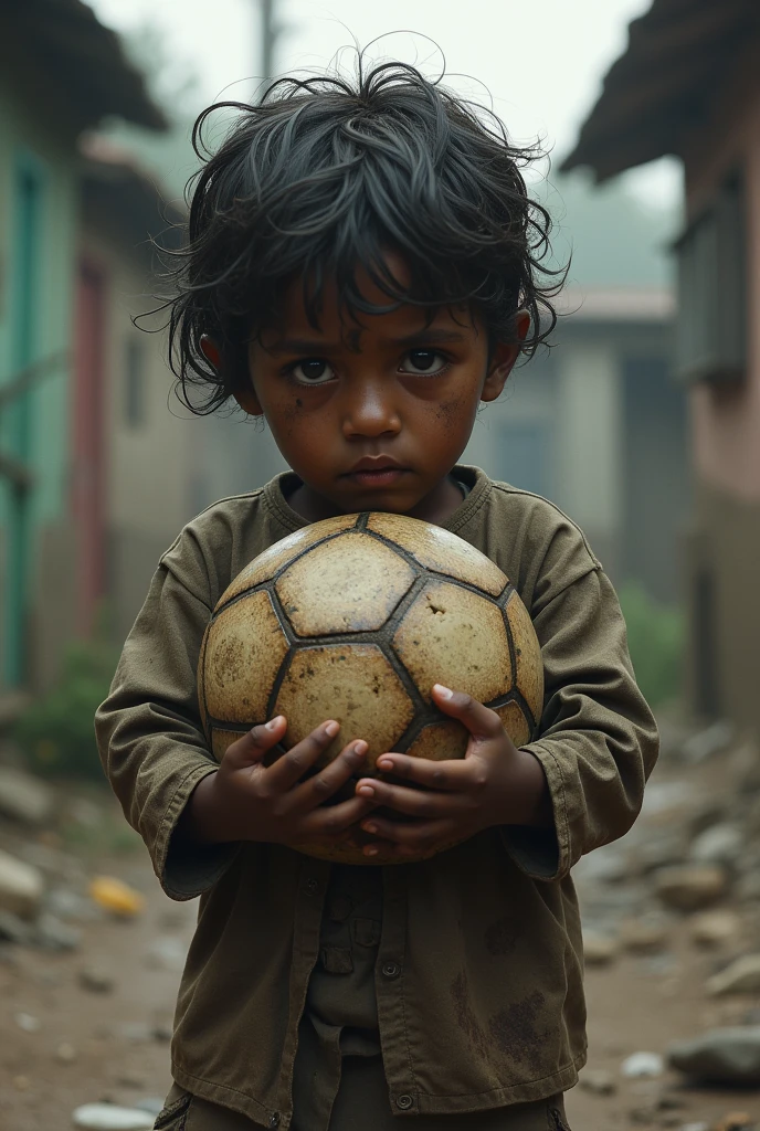 Create a vivid and evocative image capturing the harshness of poverty: Depict a young white boy, his countenance reflecting deep sorrow, adorned in threadbare clothing and marred by grime. Craft the setting with meticulous detail, showcasing the boy holding a ball that mirrors the Earth, symbolizing the weight of global struggles. Let the background portray a 3rd world country, carefully rendering the challenges faced by its inhabitants. Employ a shallow depth of field, ensuring the focal point remains the Earth-like ball in the boy's hands, conveying a poignant message through realism and attention to detail.