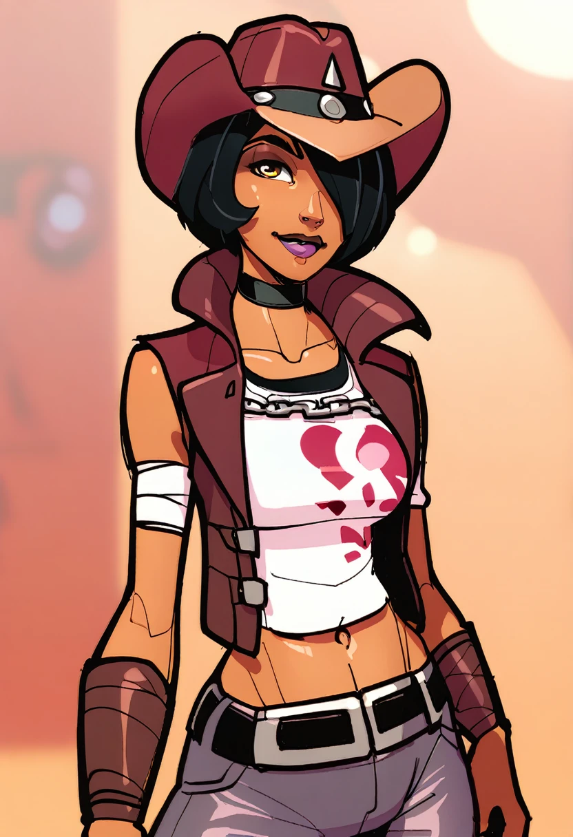 score_9, score_8_up, BREAK, 1girl, nishabl2, lipstick, hair over one eye, makeup, dark skin, cowboy hat, choker, jacket, pants, midriff, belt, bandages, huge tits, seductive, flashing viewer