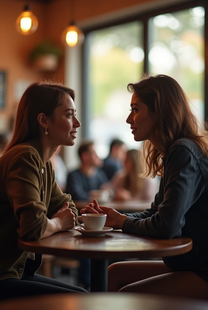 2girls in cafe, talking