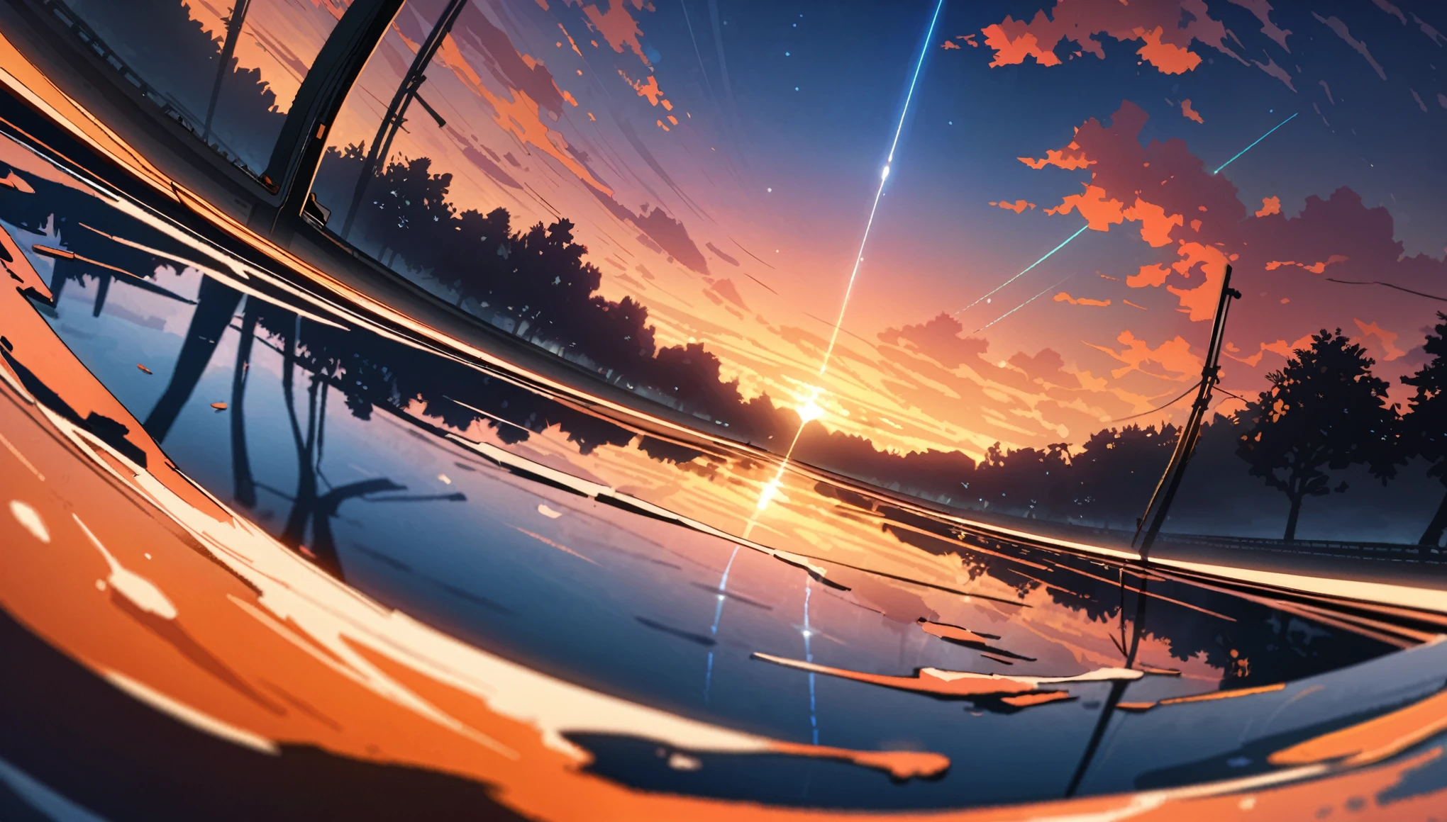  summer, Orange Clouds, evening, Rush, On the outskirts of the village
, Runway: 1.2, tree々, Shooting Star, Small water area, reflection, Shady,Orange sunlight, Wide angle, High resolution, The finer details, Ultra Detailed, Sharp focus, perspective, Depth of written boundary, Wide Shot, atmospheric perspective, perspective, Best Quality, 8k, High resolution, Awards, Super detailed, masterpiece