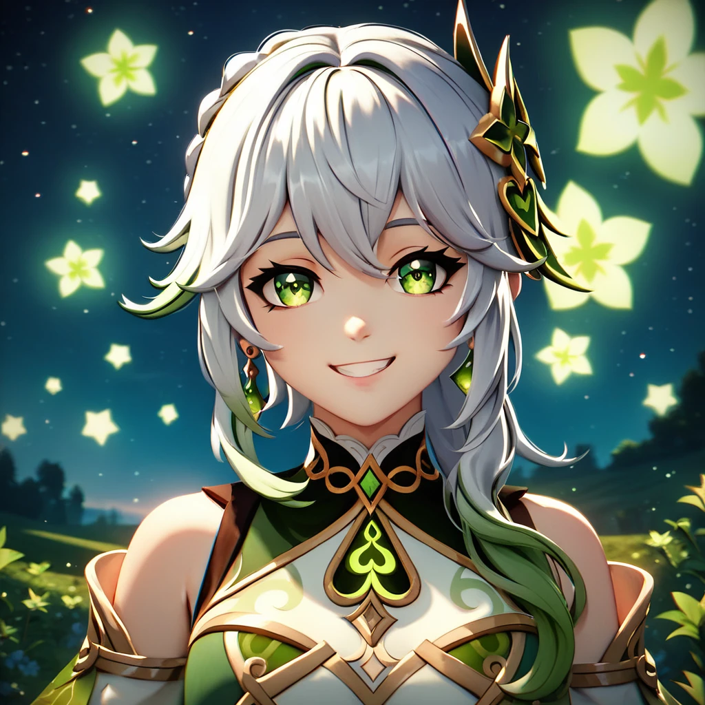 masterpiece, best quality,((ultra-detailed)), (illustration), ((an extremely delicate and beautiful)), solo, calm Expression (beautiful detailed eyes),(bright eyes) ,(detailed light),solo, bangs over one eye, green_eyes, headphones, short_hair, looking_at_viewer, grey_hair, extremely detailed background, green forest, outdoor