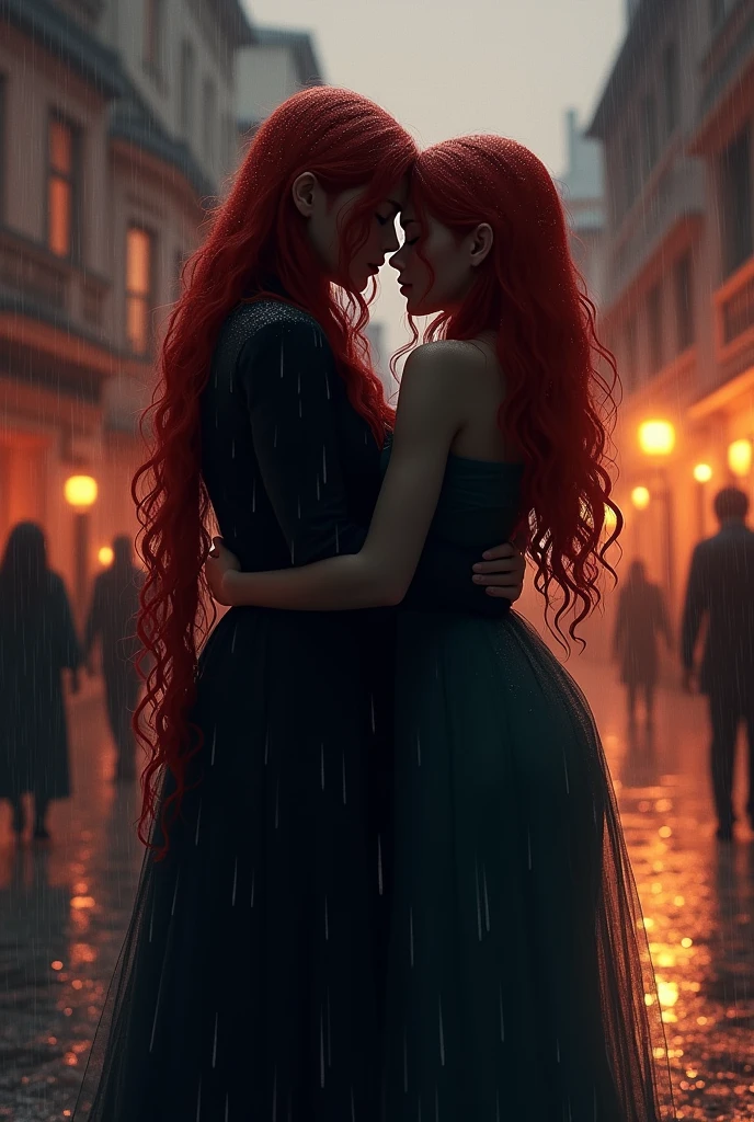 fantastic realism, bokeh, ultra detailed, 2girls facing each other, chest against chest, kiss, red head and blond girl, underwear, indoors, narrow storage room, detailed background,