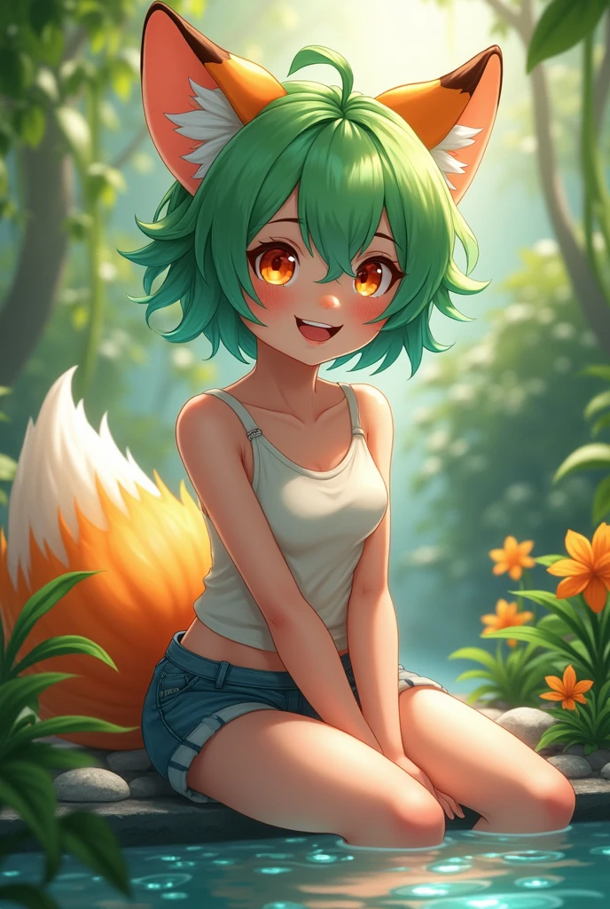 very cute slim dog girl, nsfw ((dog ears)), ((dog tail)), kneeling on her knees, extremely happy, crazy, and excited expression, beautiful detailed eyes, outside at a park (lush greenery), playful pose, (((wearing oversized shorts))), (((shirtless))), (((exposed small breasts))), soft sunlight, 8k, UHD, masterpiece, vibrant colors, detailed background, fresh atmosphere, light breeze, serene environment, nature elements, bright sky
