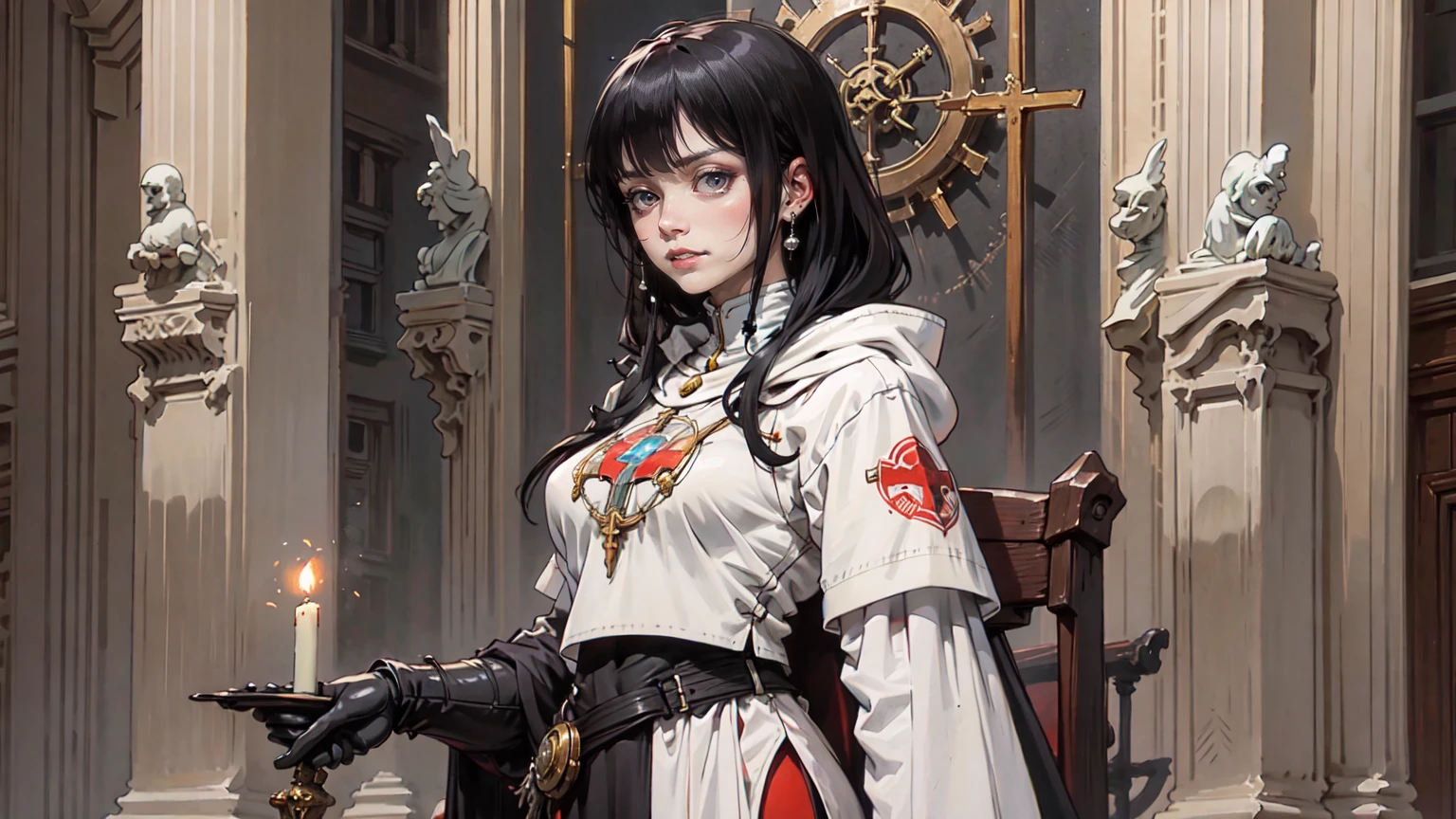 (Anime naturalistic drawing , Art in every detail , work of artists from Artstation in high definition . Detailed work with the best staging in the frame) Dark priest in a fantastic long cassock, with long black hair . clothes with bolim folded hood, in dark colors. The character stands in a poorly consecrated temple with many symbols and statues surrounded by candles. self-portrait