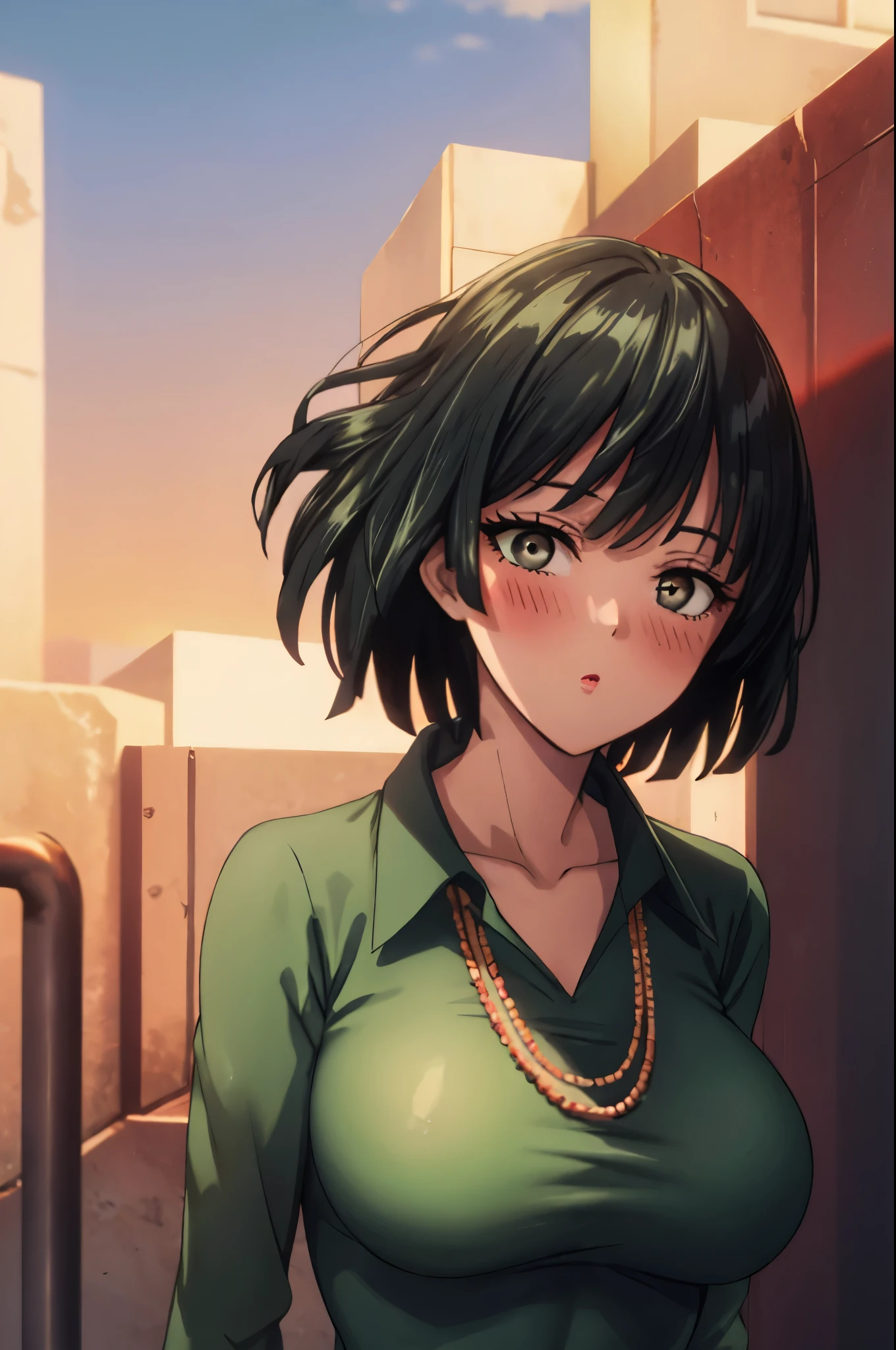 （（super high quality,））（（Ultra-high resolution,））（16k,）（super masterpiece,）（（Ultra HD ,））（Detailed shading,）Looking directly at the camera,Upper body photo,Rooftop with a sunset view,One sexy woman,Short black hair,Hair lifted by the wind,Very large breasts,A long black dress with a tight collar,Long sleeve,blush,necklace,Extend your arms towards the camera,