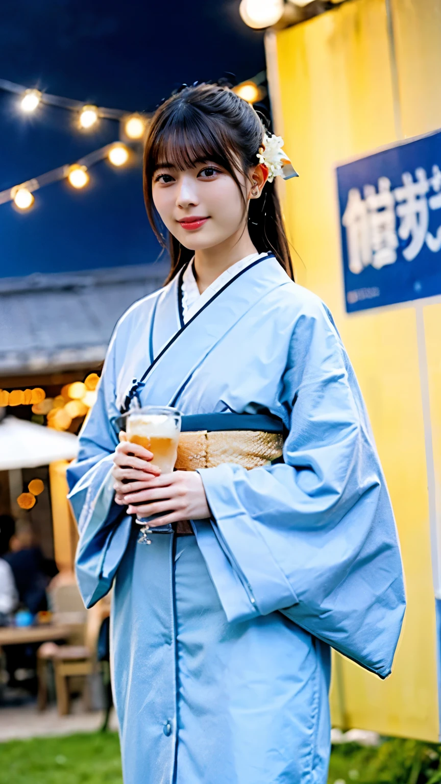 Cute Japanese woman in her 20s standing in an outdoor night beer garden。Wearing light, loose clothing。She smiled brightly and raised her beer.、She is toasting with her female friend next to her.。Her dark hair was tied up in soft waves.、Casual yet stylish。The warm glow of string lights overhead illuminates the scene.、There is a lively atmosphere around her as other groups enjoy their drinks.。