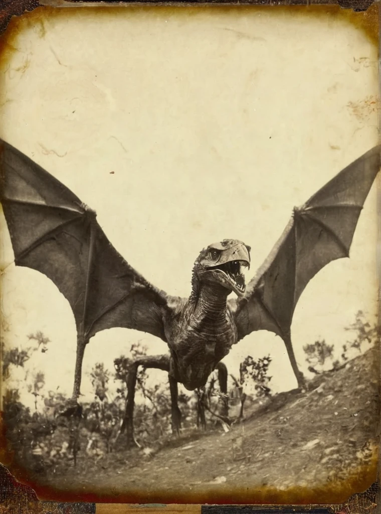 daguerreotype photo of a horrific monster that resembles a pterodactyl and is being held up by many men by the wings, and  with it's wings stretched out looks to be about 50 feet long with a huge, sickly head that droops down with a gnarled beak and dead uptirned eyes. Looks like the photo was taken outside of a mining camp. Photorealistic, Portrait Photography, Super Detailed, Award Winning, Masterpiece, 