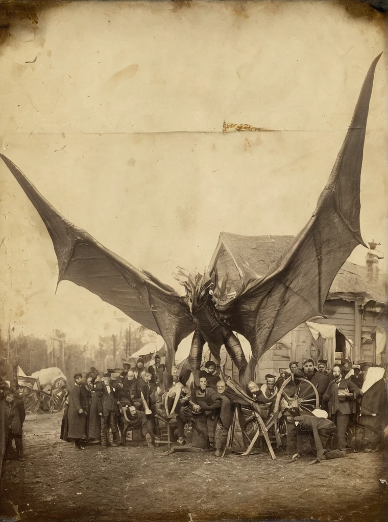 daguerreotype photo of a horrific monster that resembles a pterodactyl and is being held up by many men by the wings, and  with it's wings stretched out looks to be about 50 feet long with a huge, sickly head that droops down with a gnarled beak and dead uptirned eyes. Looks like the photo was taken outside of a mining camp. Photorealistic, Portrait Photography, Super Detailed, Award Winning, Masterpiece, 