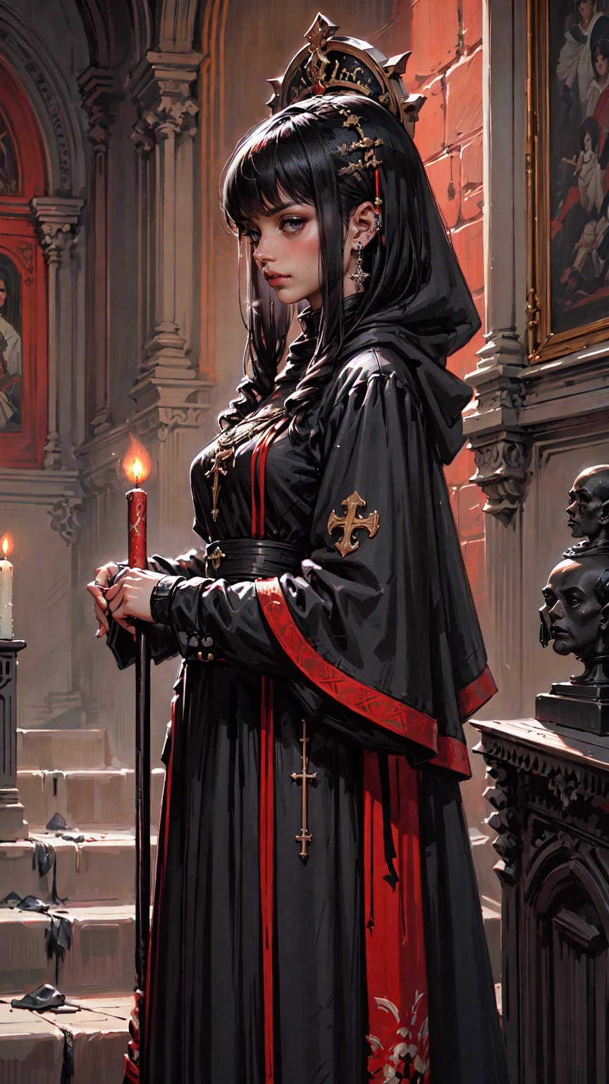 (Anime naturalistic drawing , Art in every detail , work of artists from Artstation in high definition . Detailed work with the best staging in the frame) Dark priest in a fantastic long cassock, with long black hair . clothes with bolim folded hood, in dark colors. The character stands in a poorly consecrated temple with many symbols and statues surrounded by candles. self-port .raithorns and shining ornaments behind the head