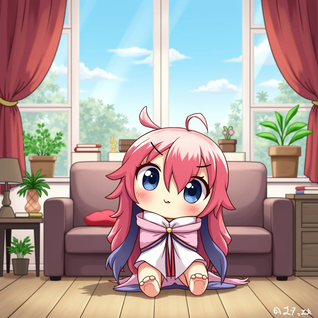 custom udon, 1girl, fumizuki \(azur lane\), school hat, yellow headwear, crescent hair ornament, pink shirt, yellow neckerchief, pink skirt, white pantyhose, dog tail, sitting, leaning back, bed, bedroom, window, light rays, dappled sunlight, sunset, dusk, autumn, cherry blossoms, v, double v, happy, smile, open mouth, bookshelf, television, potted plant, naked