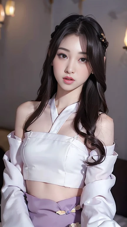 (masutepiece, Best Quality:1.4), Beautiful face, 8K, student, 85 mm, absurderes, White theme, (full body, Bare Shoulders, Hanfu,:1.4), close up of face, violaceaess, gardeniass, fullnude,slender, Delicate girl,sixteen years old, Solo, Looking at Viewer, Bare Shoulders, Hanfu, (Smile:0.6), Cinch West, thin waist, Teenn hair, Film grain, chromatic abberation, Sharp Focus, face lights, Professional Lighting, Sophisticated, (Smile:0.4), in room, (White wall, Simple background, Bokeh background:1.3), Detail Face