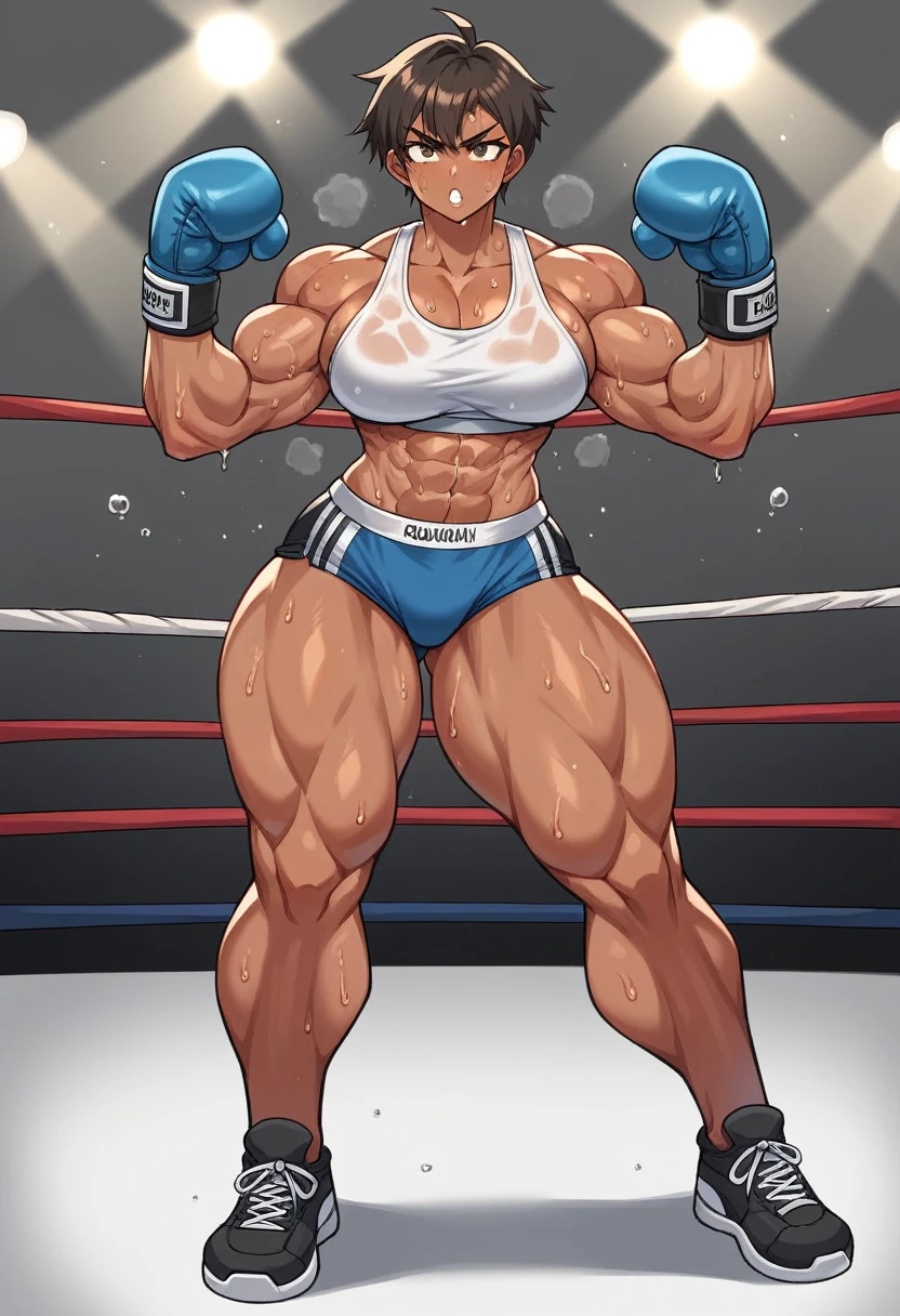 (best quality,highres:1.2), (ultra-detailed), (realistic:1.37), (HDR,UHD), (physically-based rendering), (curvy mature Denise Milani), ((topless, exposed chest:1.3)), ((olive green pleated boxing skirt:1.3)), ((boxing gloves:1.4)), ((cropped, straight jet-black hair:1.3)), ((deep cleavage)), ((missile shaped perky breasts:1.5)), ((tiny waist)), ((thicc, thick thighs:1.5)), ((beautiful large green eyes):1.3), (intimidating pose in an abandoned factory), (full-body portrait), (vivid colors), (metallic textures), (hot red lips, makeup:1.3), sexy fighter, prominent breasts, rock solid breasts, (thick calves), ((olive green boxing skirt:1.3)), ((long hard nipples:1.5)), (full body portrait:1.3), big_boltedontits, boltedontits, th3p1t, sakimichan,