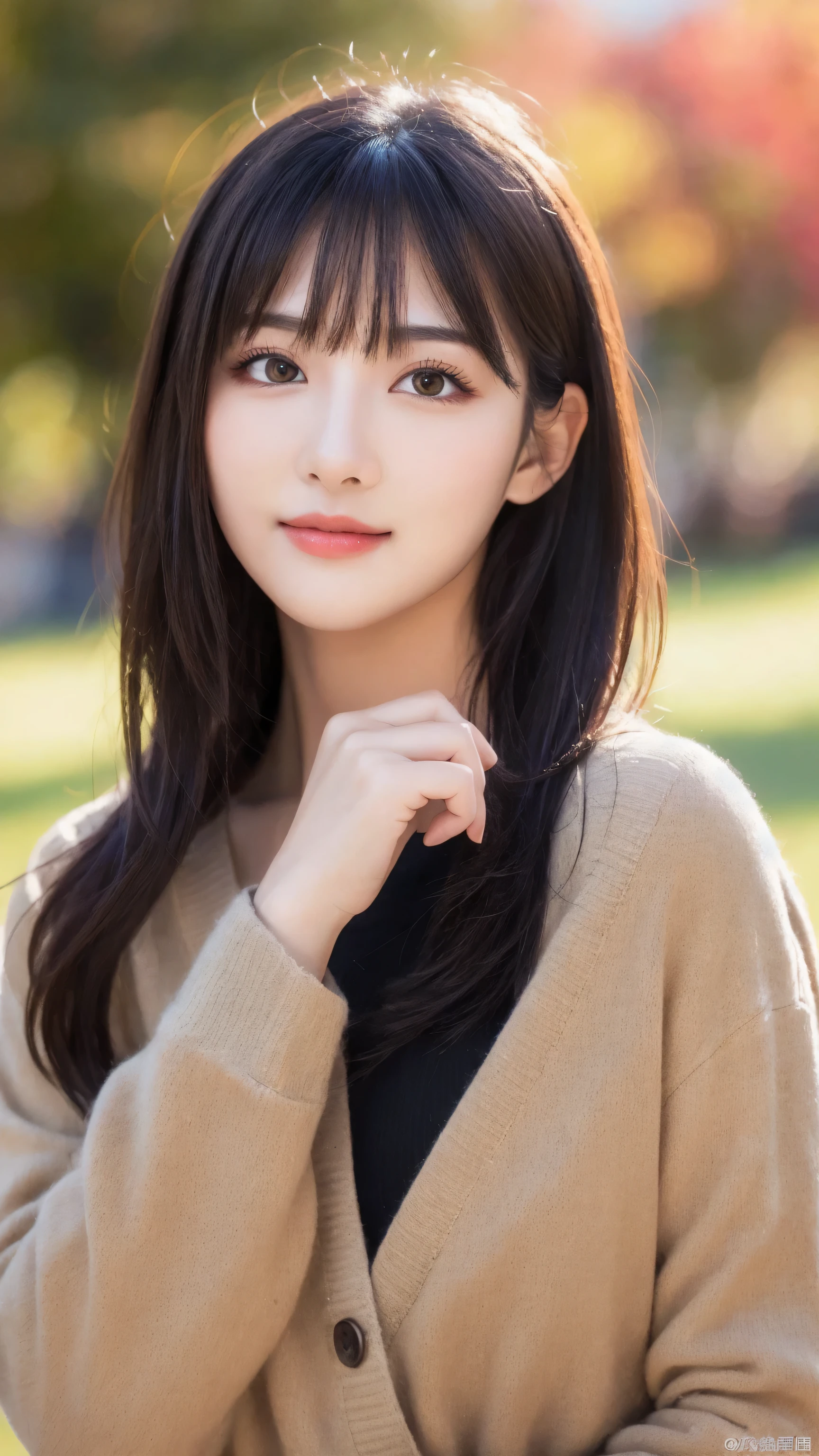 (8k, RAW Photo, Best Quality, Masterpiece:1.2), table top, Ultra Detail, Super Resolution, (Realistic, Realistic Photo:1.37), Portrait, High Detail RAW Color Photo, Professional Photo, Extremely Detailed and Beautiful, Extremely detailed, 8k wallpaper, amazing and detailed, huge file size, official art, highly detailed CG unity 8k wallpaper, highly detailed beautiful girl, highly detailed face, highly detailed eyes, highly detailed skin, highly detailed fingers, highly detailed nose, very detailed detailed mouth , perfect anatomy, highly detailed background, highly detailed clothes, (1 girl),(1 girl), cute girl, realistic body, fair skin, glowing skin , slim body, handsome body, black hair , semilong hair, (blunt bangs:1.2), smile, cute, youthful, cute face, realistic face, delicate eyes, drooping eyes, looking at viewer, facing front, standing posture, Contraposto, (large breasts), (Perfect Body Proportions), (slender Body Proportions), super sexy pose, (early fall fashion),