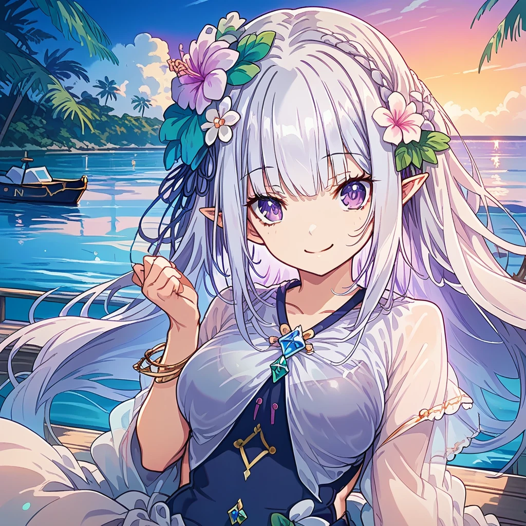 emilia, One girl,ysk, milf,  Long Hair, Silver Hair, Purple eyes, Pointed Ears, Hair Flower, Swimwear, see-through, Tropical Sea, Pier、Boat、evening, Beautiful sunset, Smile break The face is depicted in detail down to each individual eyelash, super detailed face, ((super detailed eye)), sharp focus、masterpiece、16K, highres, super details, uhd, masterpiece、Beautiful attention to detail:1.2, Perfect lighting, (perfect hand, perfect anatomy), Precise depiction, game cg, Vibrant colors